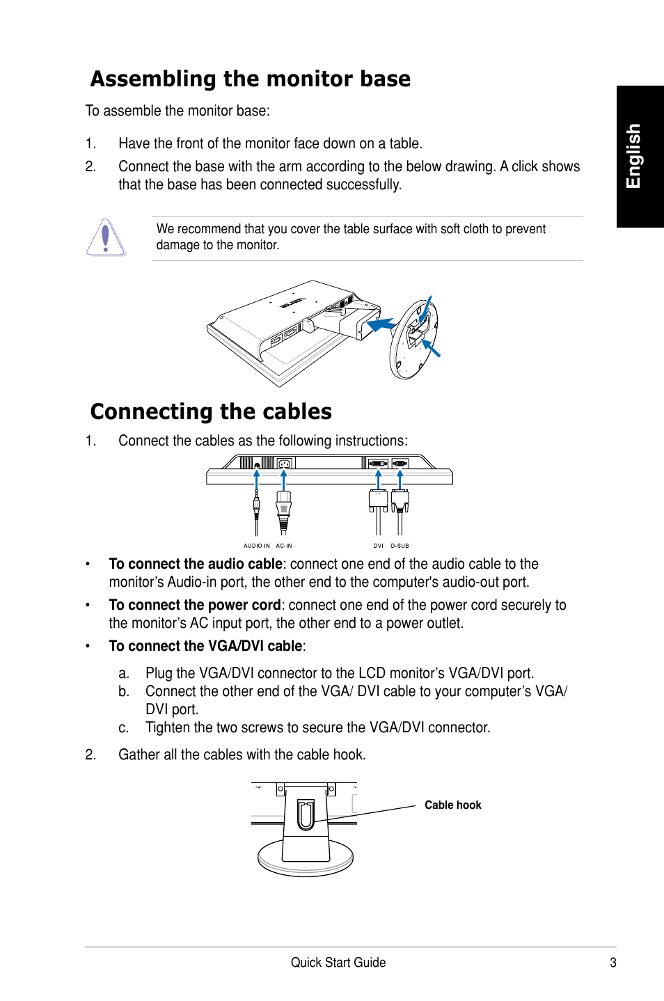 Connecting the cables assembling the monitor base, English | Asus VW202TR User Manual | Page 3 / 4