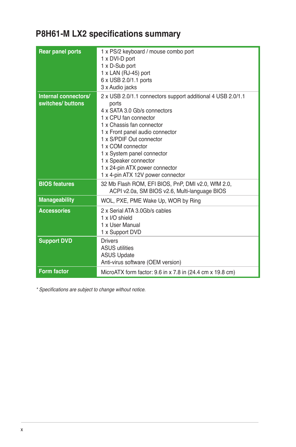 P8h61-m lx2 specifications summary | Asus P8H61-M LX2 User Manual | Page 10 / 61