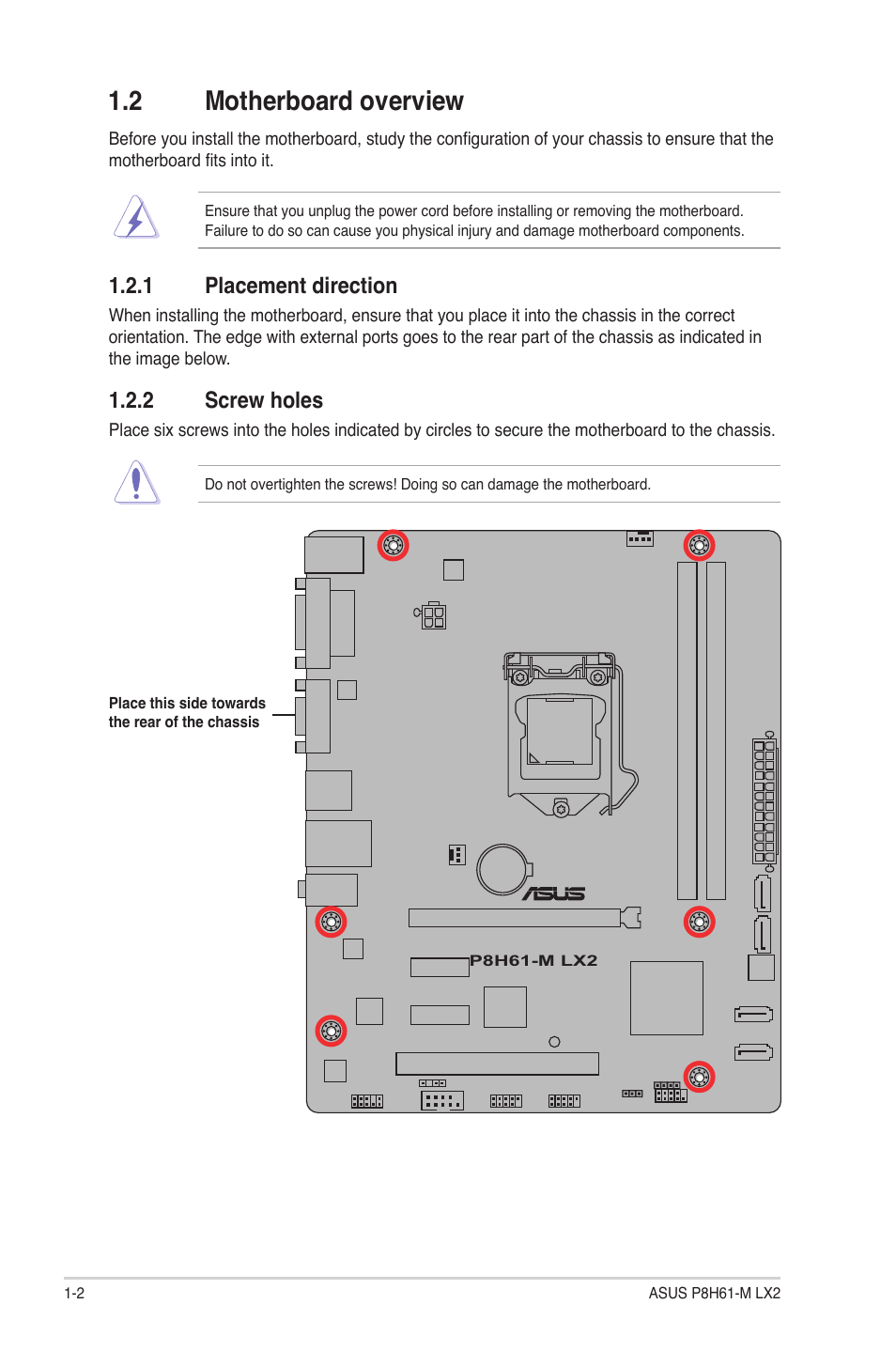 2 motherboard overview, 1 placement direction, 2 screw holes | Motherboard overview -2 1.2.1, Placement direction -2, Screw holes -2 | Asus P8H61-M LX2 User Manual | Page 12 / 61