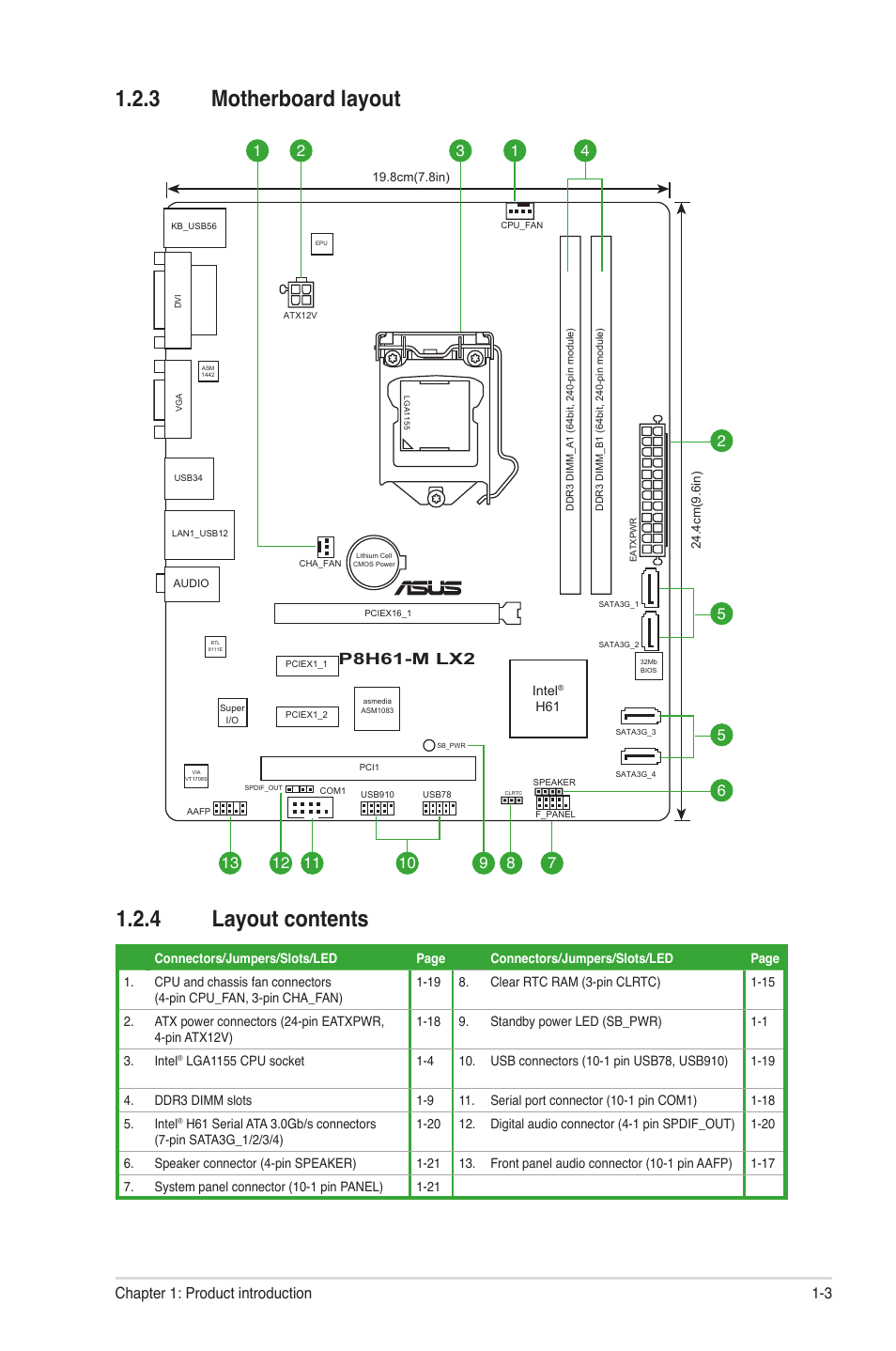 3 motherboard layout, 4 layout contents, Motherboard layout -3 | Layout contents -3, 3 motherboard layout 1.2.4 layout contents, P8h61-m lx2, 3 chapter 1: product introduction | Asus P8H61-M LX2 User Manual | Page 13 / 61