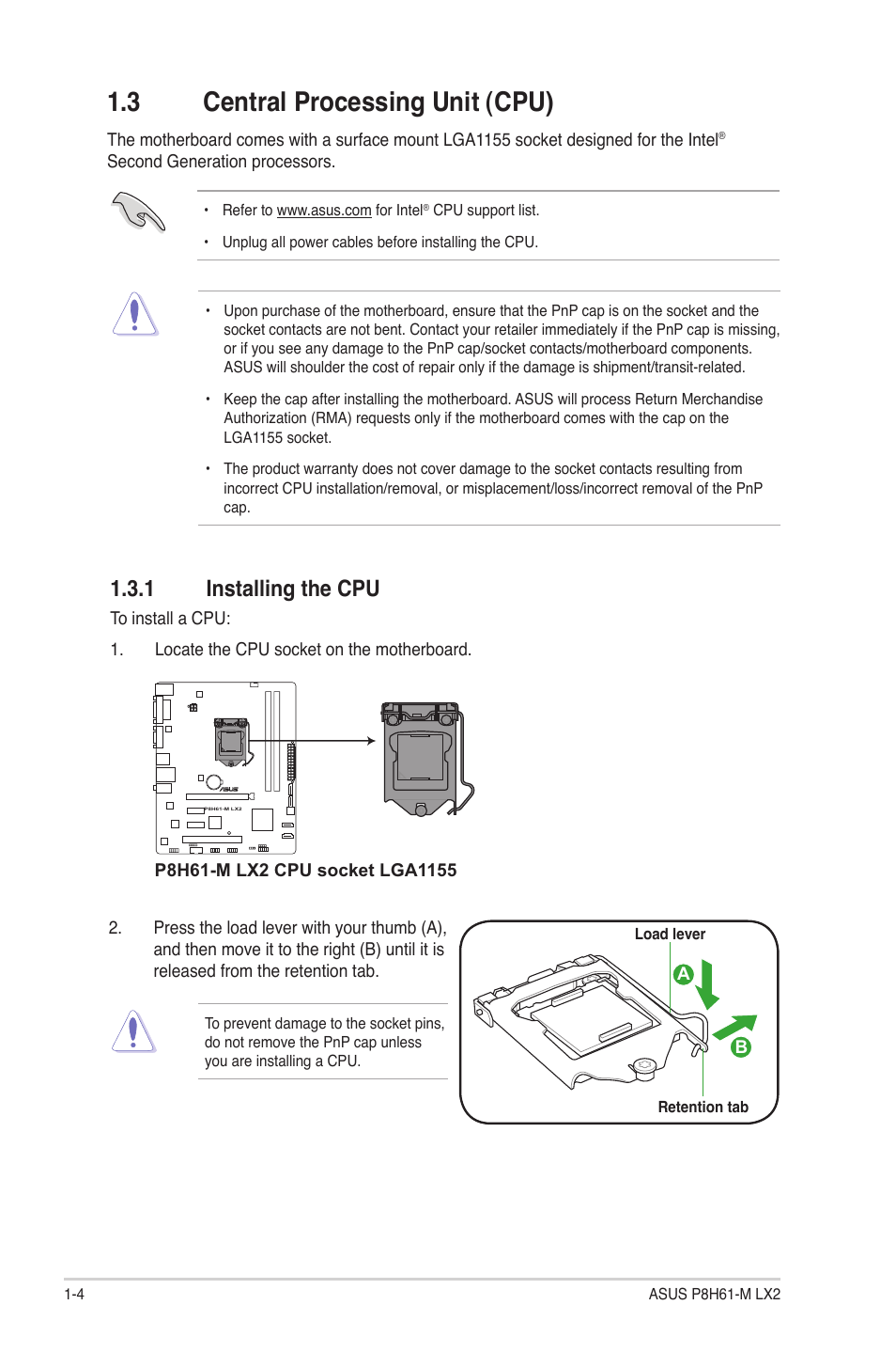 3 central processing unit (cpu), 1 installing the cpu, Central processing unit (cpu) -4 1.3.1 | Installing the cpu -4 | Asus P8H61-M LX2 User Manual | Page 14 / 61