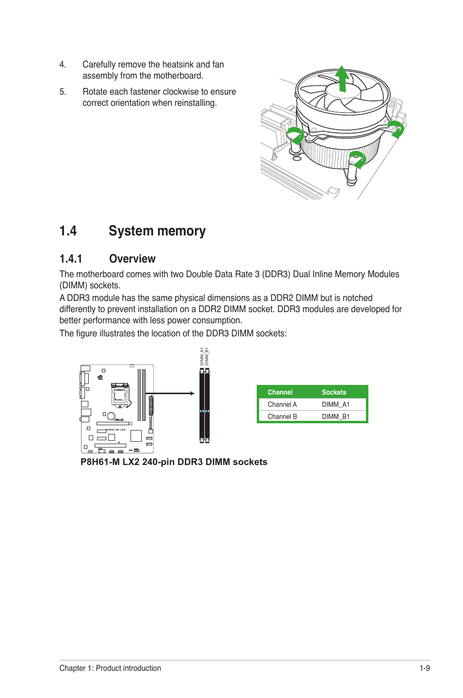 4 system memory, 1 overview, System memory -9 1.4.1 | Overview -9 | Asus P8H61-M LX2 User Manual | Page 19 / 61