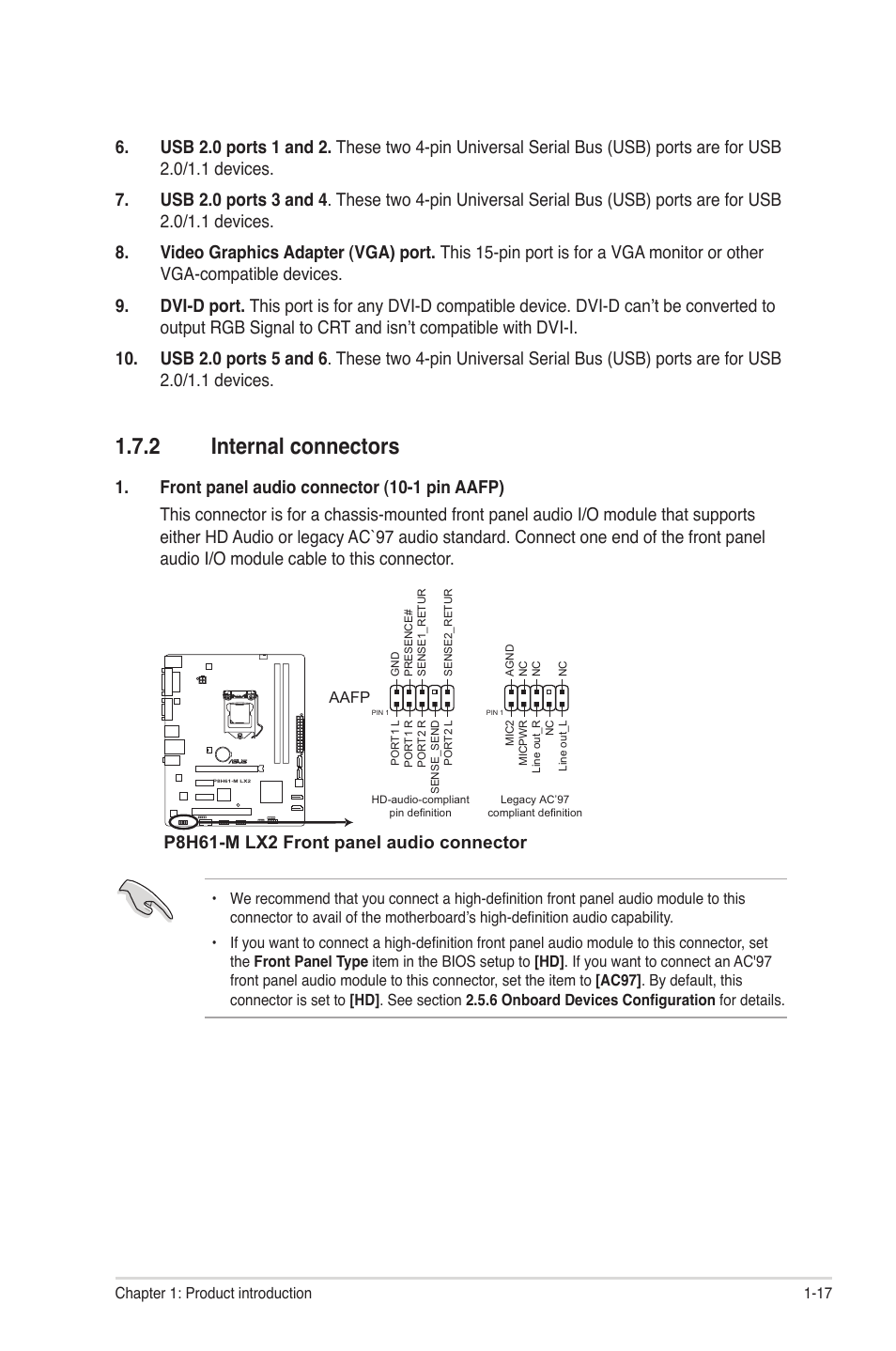 2 internal connectors, Internal connectors -17, P8h61-m lx2 front panel audio connector | Asus P8H61-M LX2 User Manual | Page 27 / 61