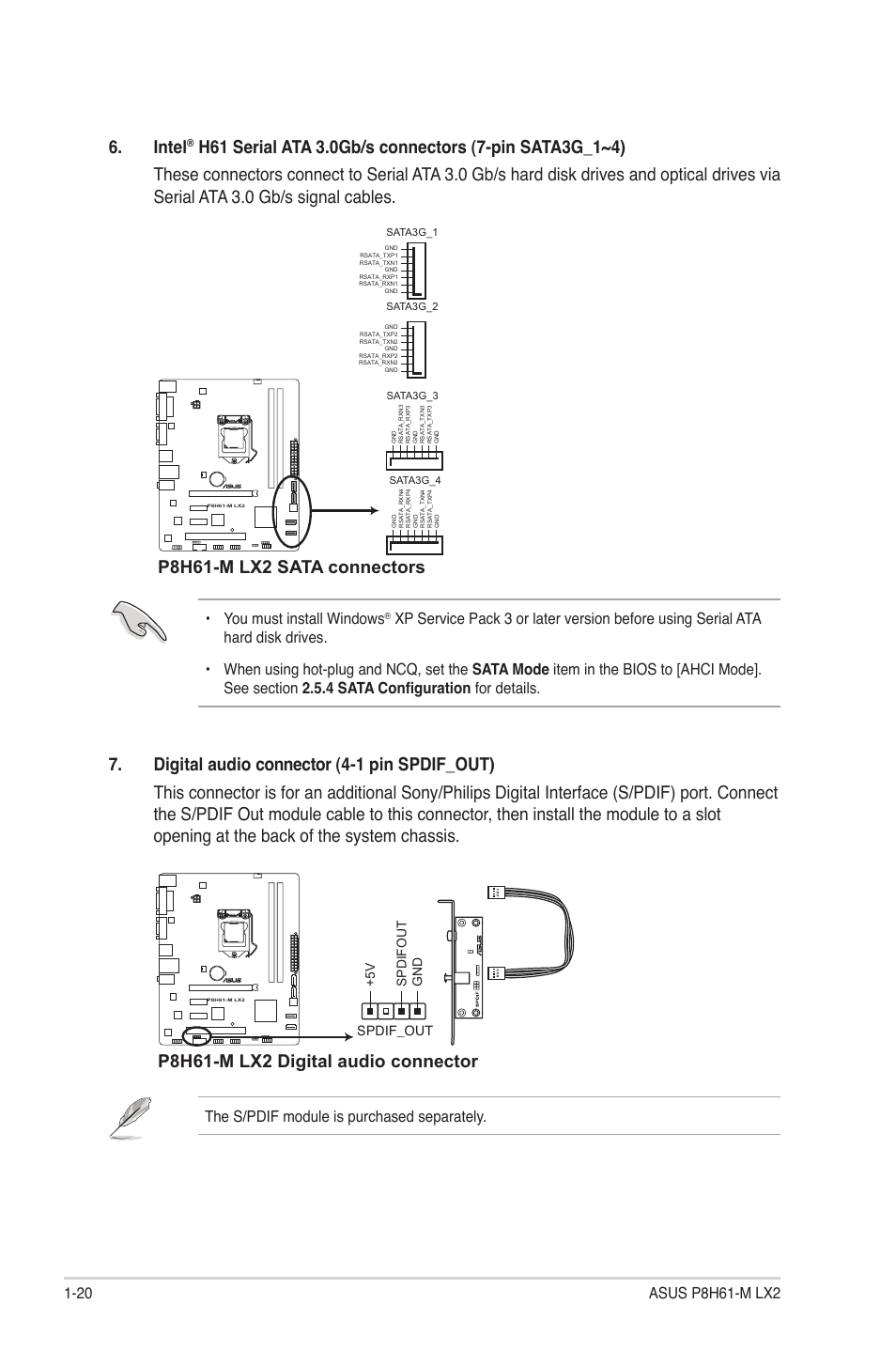 Intel, P8h61-m lx2 digital audio connector, You must install windows | The s/pdif module is purchased separately | Asus P8H61-M LX2 User Manual | Page 30 / 61