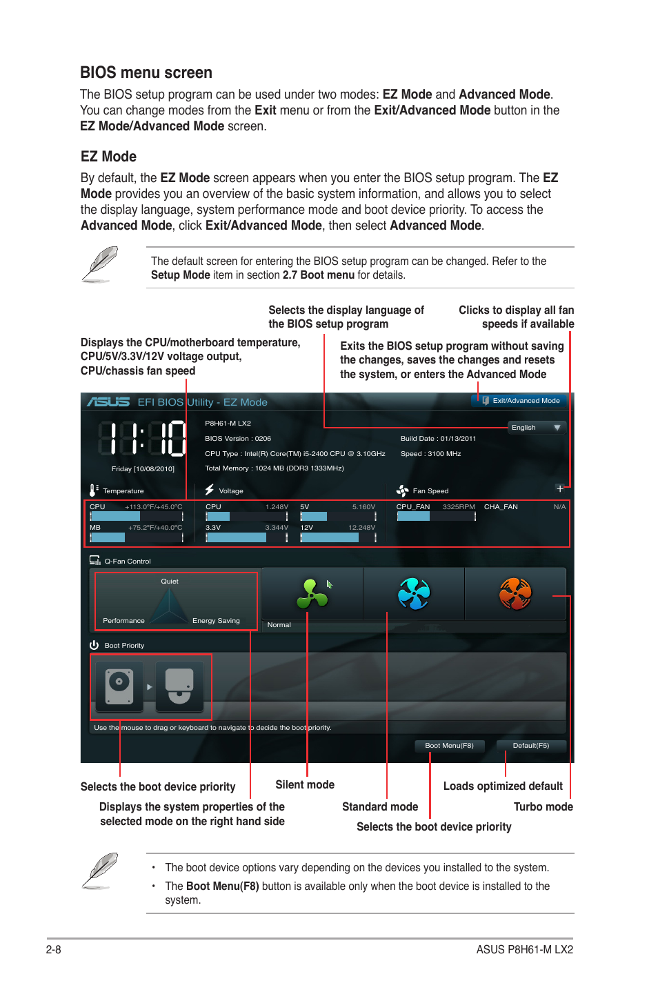 Bios menu screen, Ez mode | Asus P8H61-M LX2 User Manual | Page 40 / 61