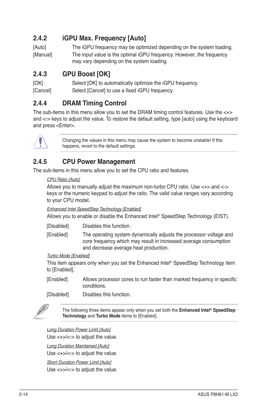 2 igpu max. frequency [auto, 3 gpu boost [ok, 4 dram timing control | 5 cpu power management, Igpu max. frequency [auto] -14, Gpu boost [ok] -14, Dram timing control -14, Cpu power management -14 | Asus P8H61-M LX2 User Manual | Page 46 / 61