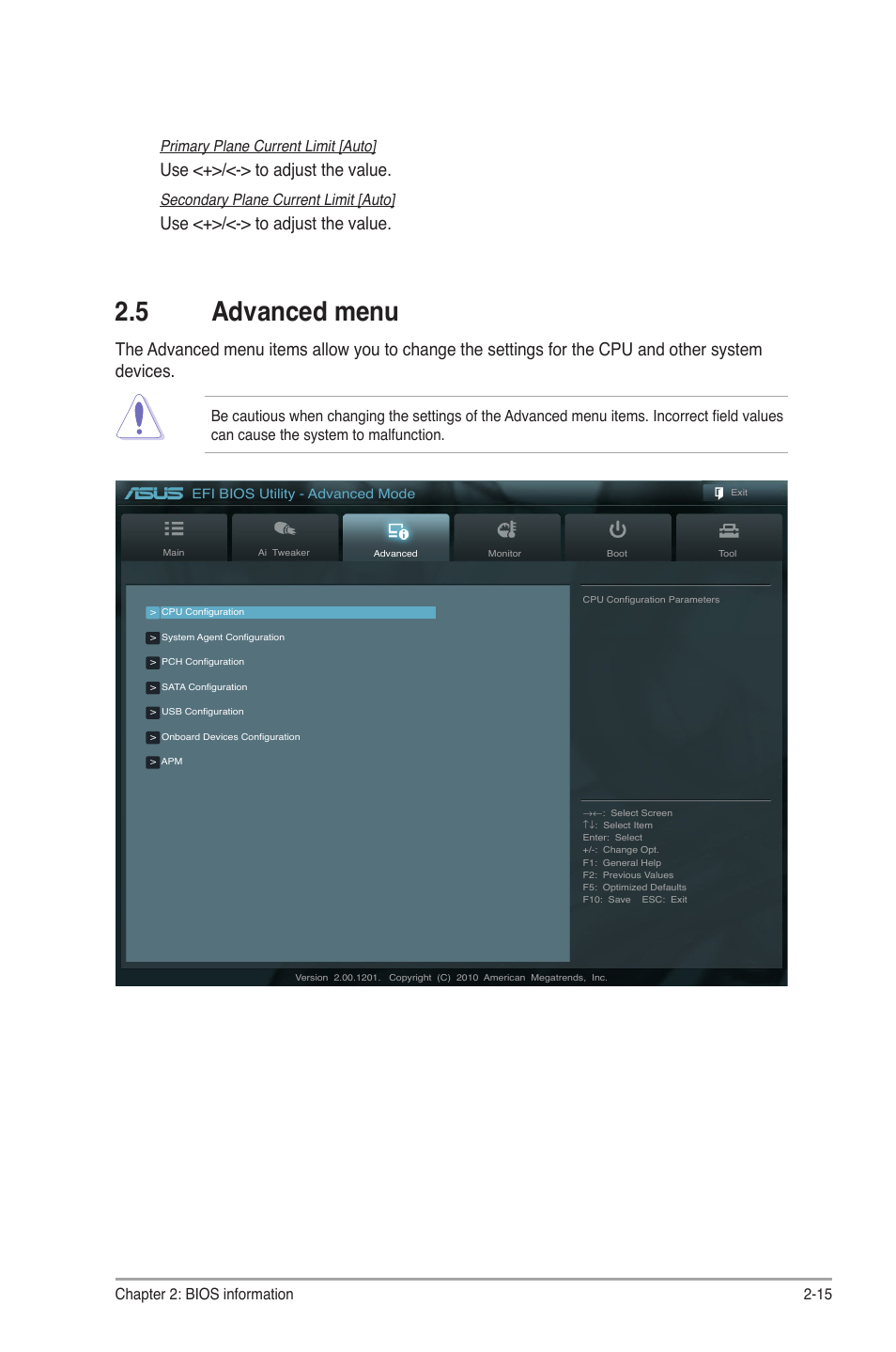 5 advanced menu, Advanced menu -15, Use <+>/<-> to adjust the value | Primary plane current limit [auto, Secondary plane current limit [auto, Chapter 2: bios information 2-15 | Asus P8H61-M LX2 User Manual | Page 47 / 61