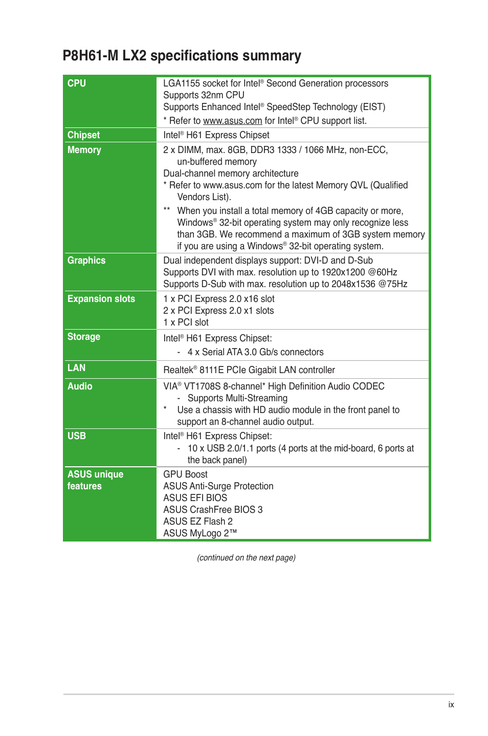 P8h61-m lx2 specifications summary | Asus P8H61-M LX2 User Manual | Page 9 / 61