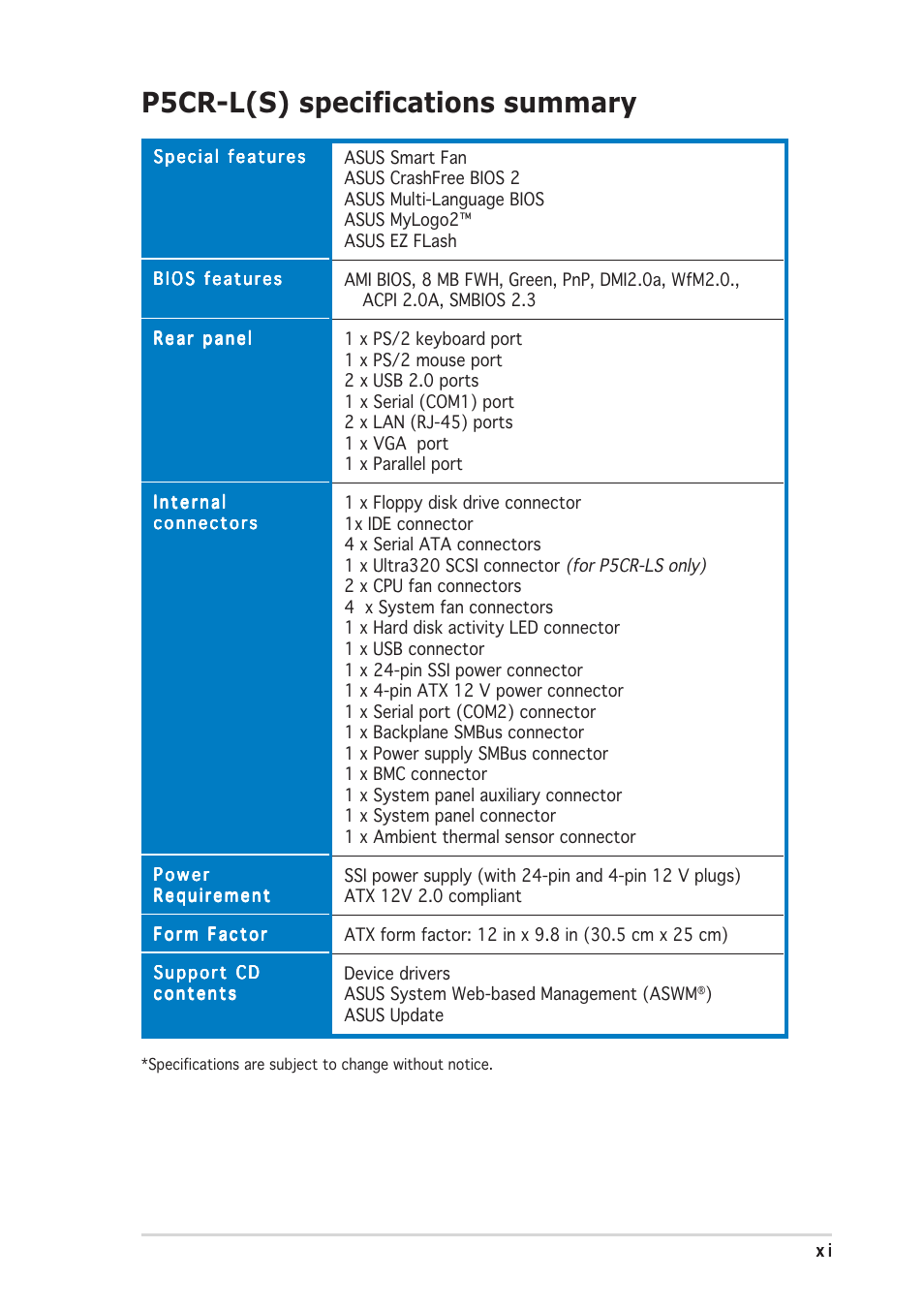 P5cr-l(s) specifications summary | Asus P5CR-L(S) User Manual | Page 11 / 128