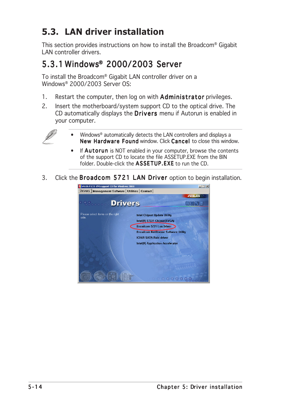 Lan driver installation, 1 5.3.1 windows windows windows windows windows | Asus P5CR-L(S) User Manual | Page 116 / 128