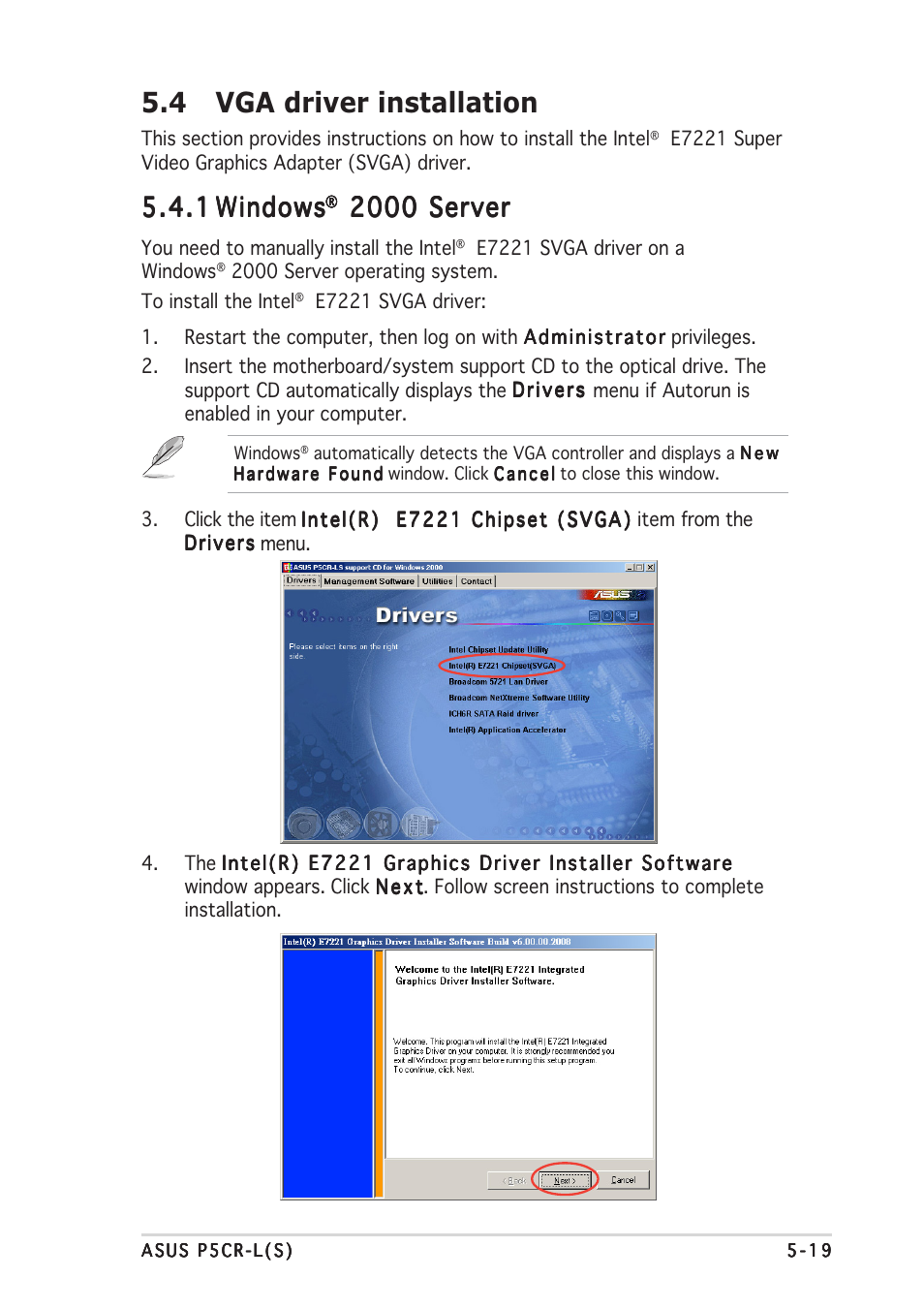 4 vga driver installation, 1 5.4.1 windows windows windows windows windows, 2000 server | Asus P5CR-L(S) User Manual | Page 121 / 128