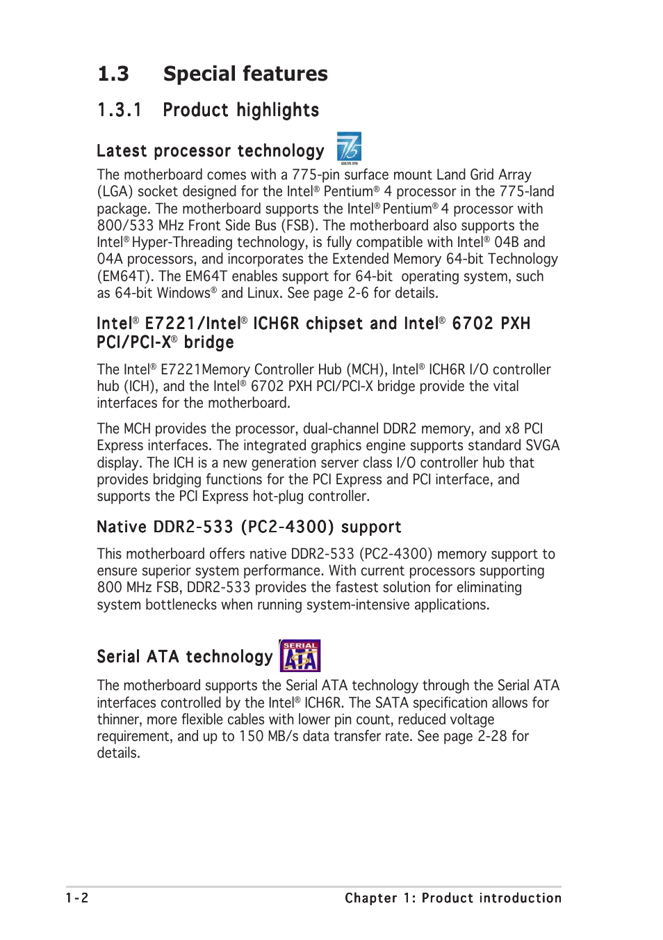 3 special features | Asus P5CR-L(S) User Manual | Page 16 / 128