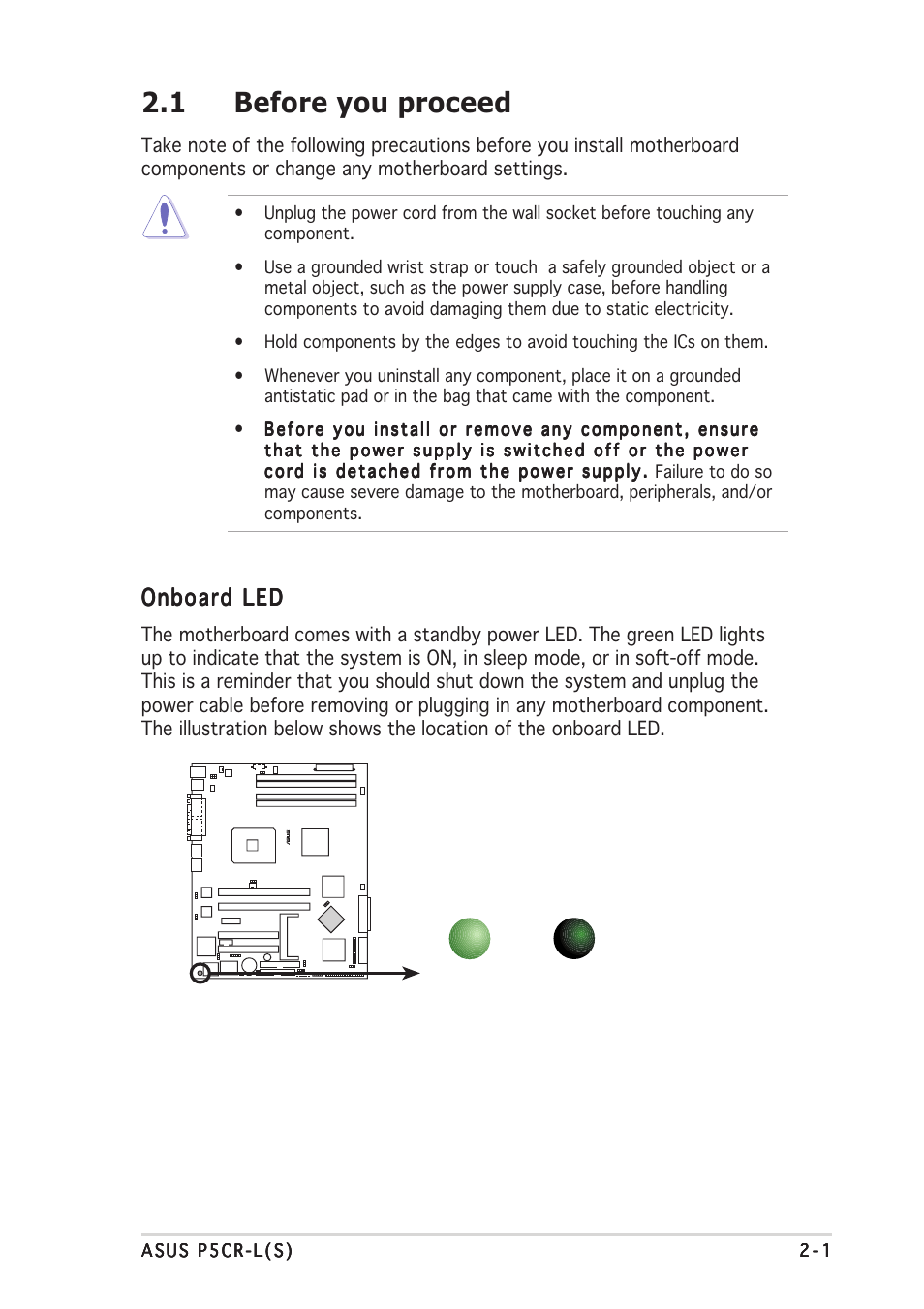 1 before you proceed, Onboard led | Asus P5CR-L(S) User Manual | Page 21 / 128