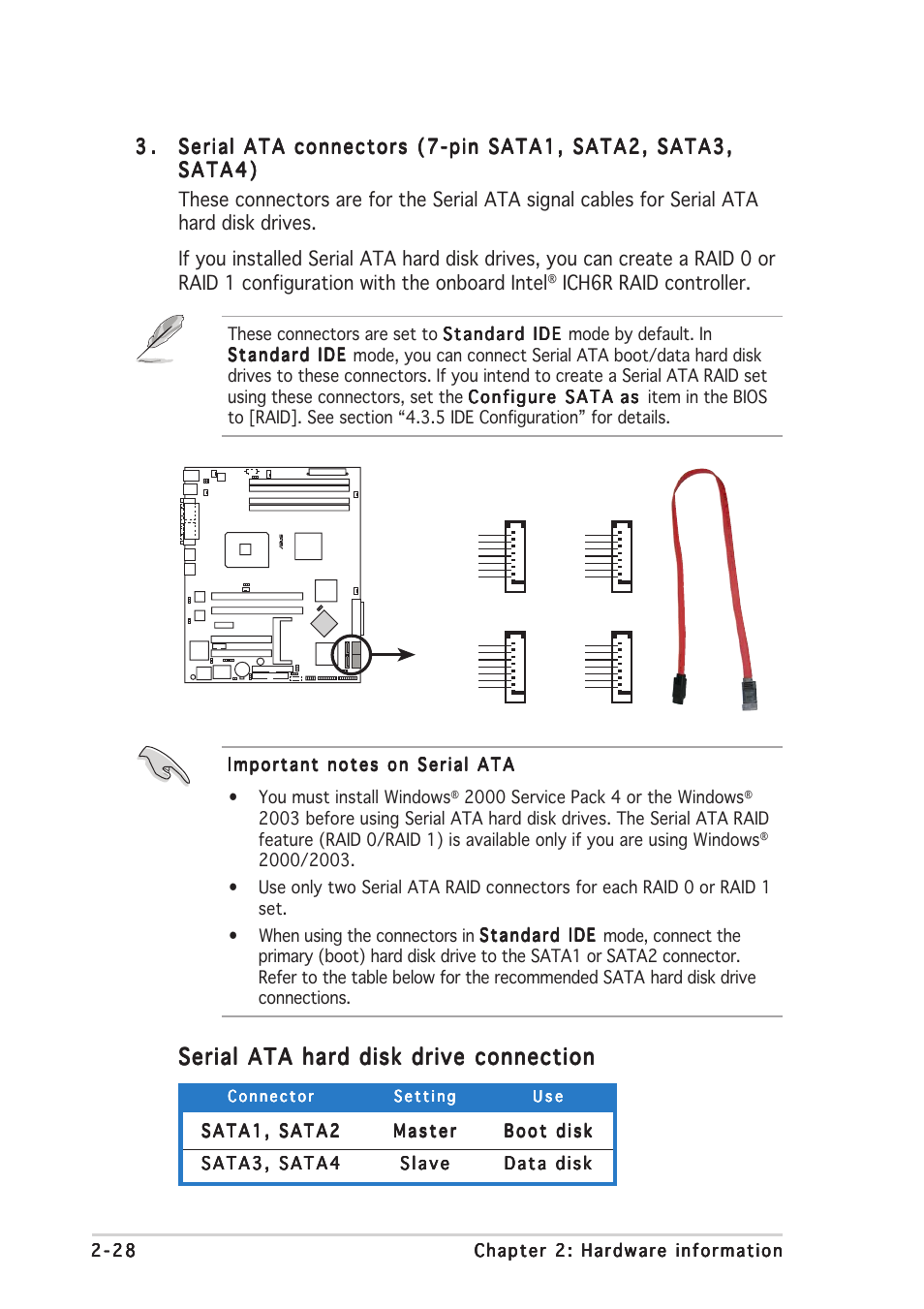 Serial ata hard disk drive connection, Ich6r raid controller | Asus P5CR-L(S) User Manual | Page 48 / 128