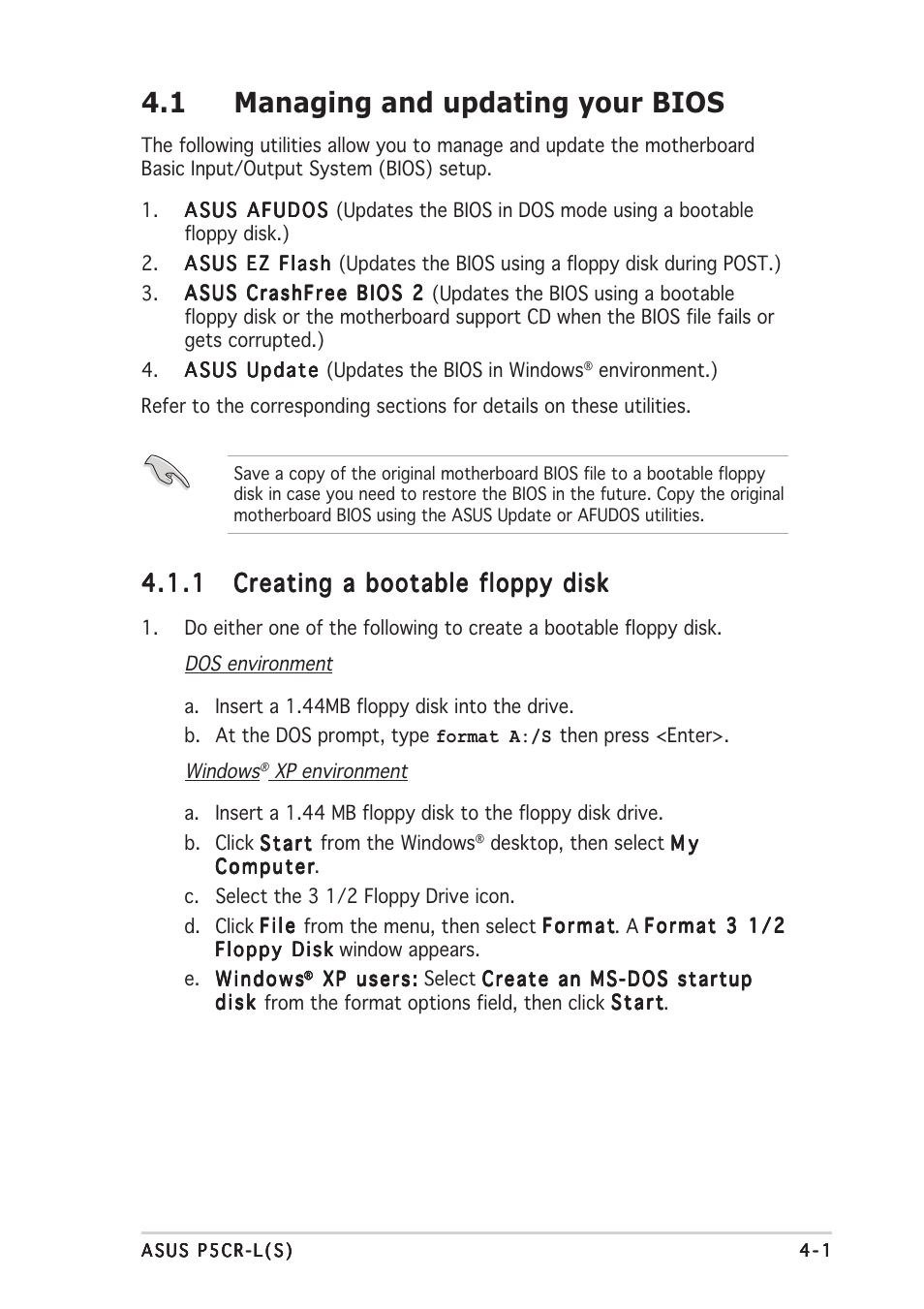 1 managing and updating your bios | Asus P5CR-L(S) User Manual | Page 63 / 128