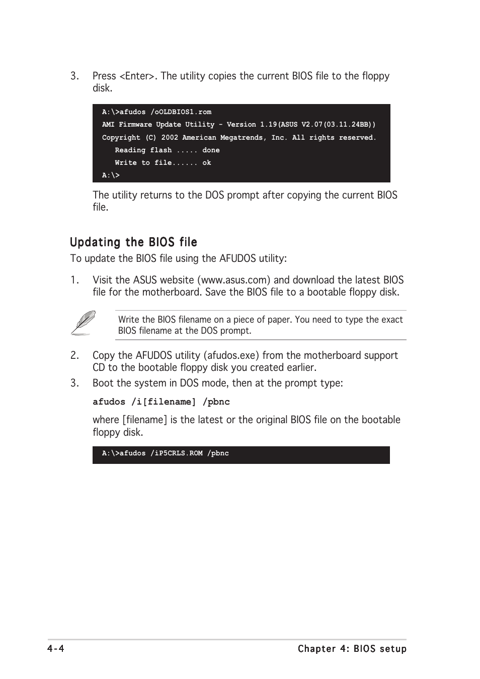 Updating the bios file | Asus P5CR-L(S) User Manual | Page 66 / 128