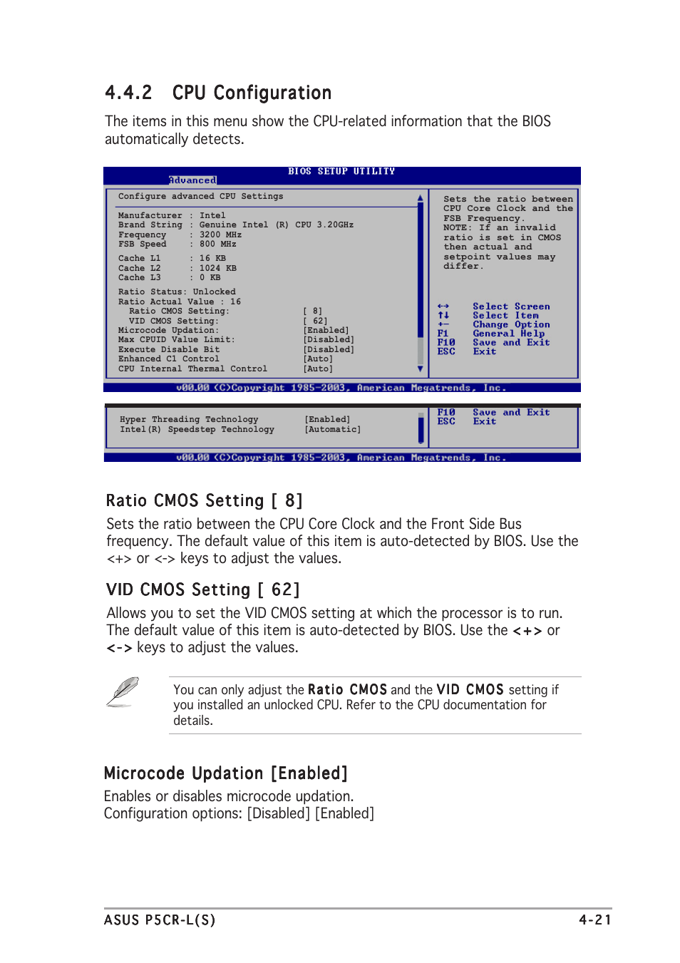 Ratio cmos setting [ 8, Vid cmos setting [ 62, Microcode updation [enabled | Asus P5CR-L(S) User Manual | Page 83 / 128