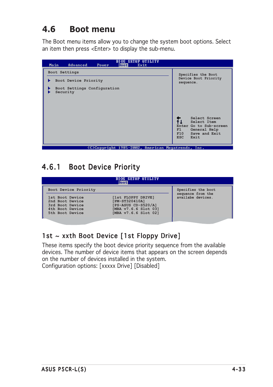 6 boot menu, 1st ~ xxth boot device [1st floppy drive | Asus P5CR-L(S) User Manual | Page 95 / 128