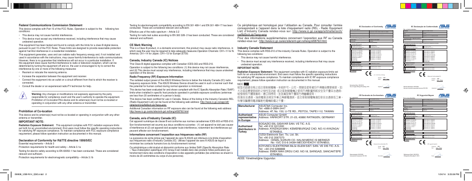 Prohibition of co-location, Federal communications commission statement, Ce mark warning | Canada, industry canada (ic) notices, Canada, avis d’industry canada (ic), Aeee yönetmeliğine uygundur, Radio frequency (rf) exposure information | Asus USB-N14 User Manual | Page 2 / 2