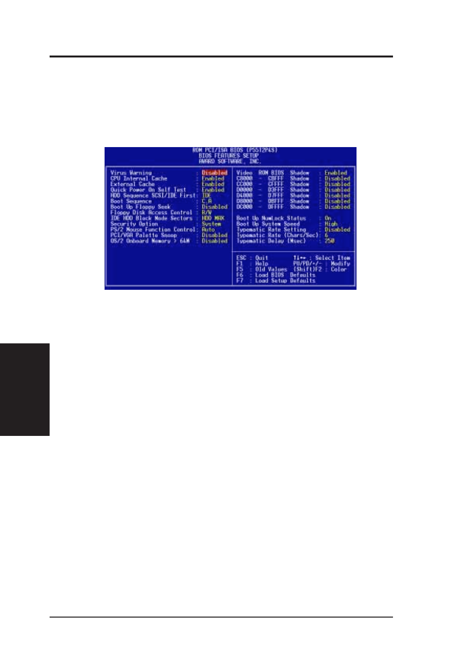 Iv. bios software, Bios features setup | Asus P/I-P55T2P4S User Manual | Page 40 / 70