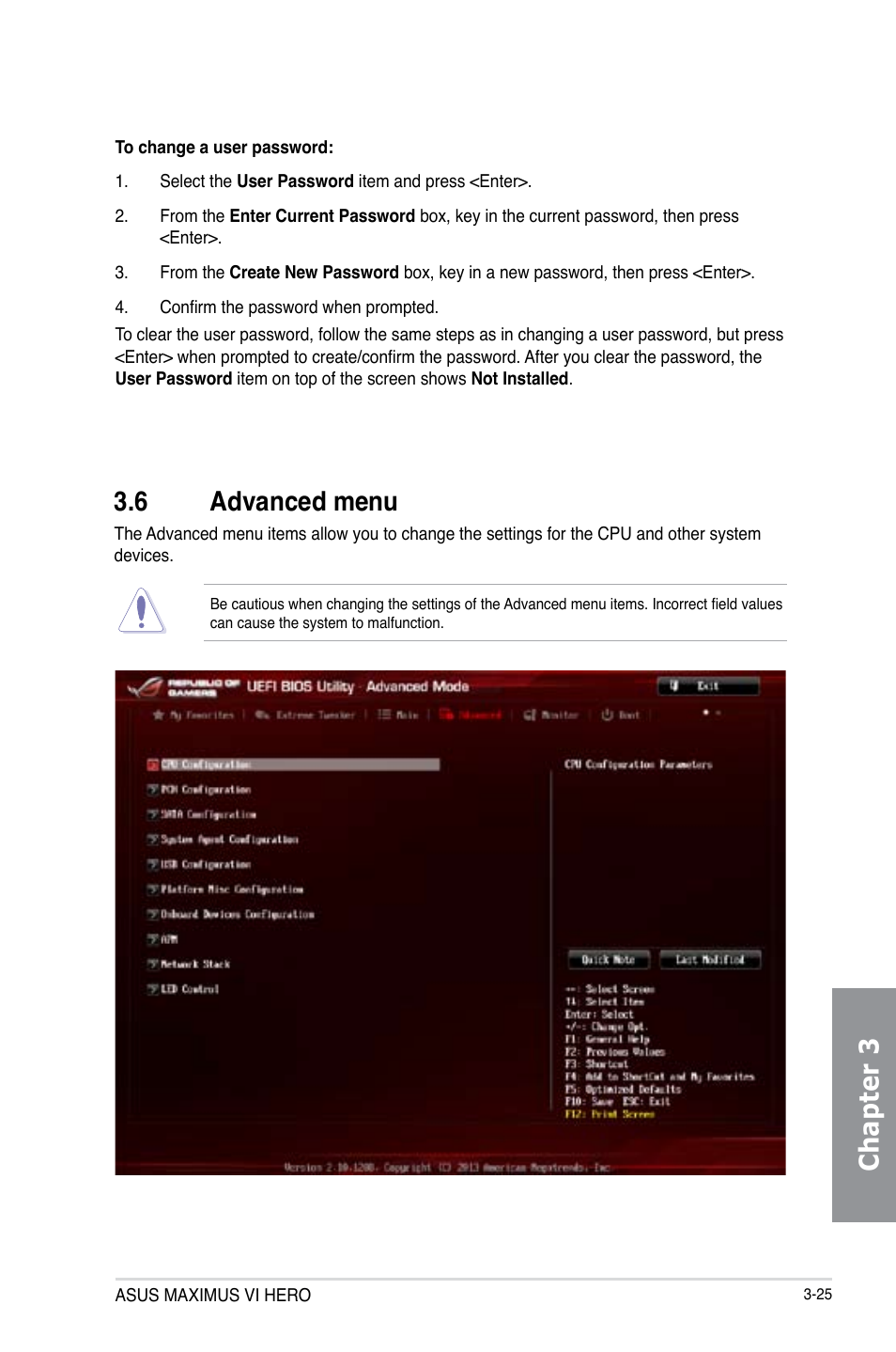 6 advanced menu, Advanced menu -25, Chapter 3 | Asus MAXIMUS VI HERO User Manual | Page 103 / 176