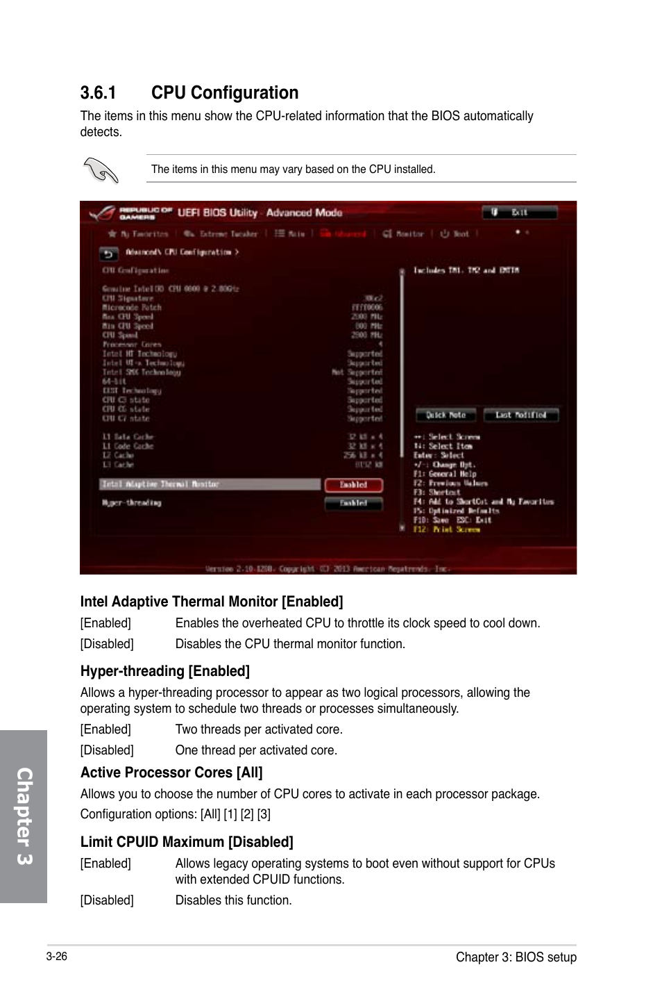 1 cpu configuration, Cpu configuration -26, Chapter 3 | Asus MAXIMUS VI HERO User Manual | Page 104 / 176