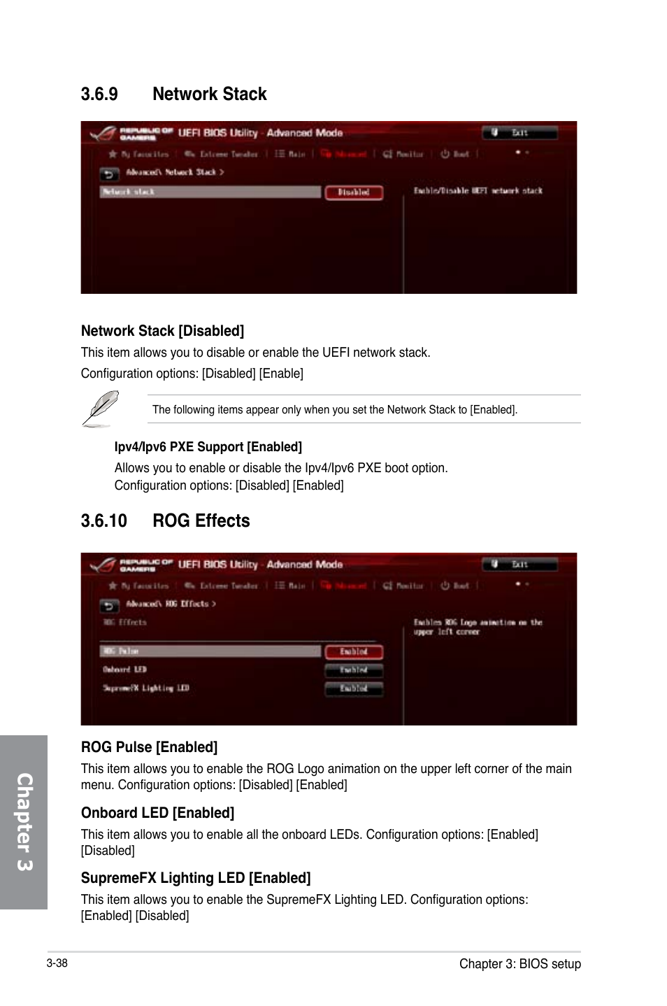 9 network stack, 10 rog effects, Network stack -38 | Rog effects -38, Chapter 3 | Asus MAXIMUS VI HERO User Manual | Page 116 / 176