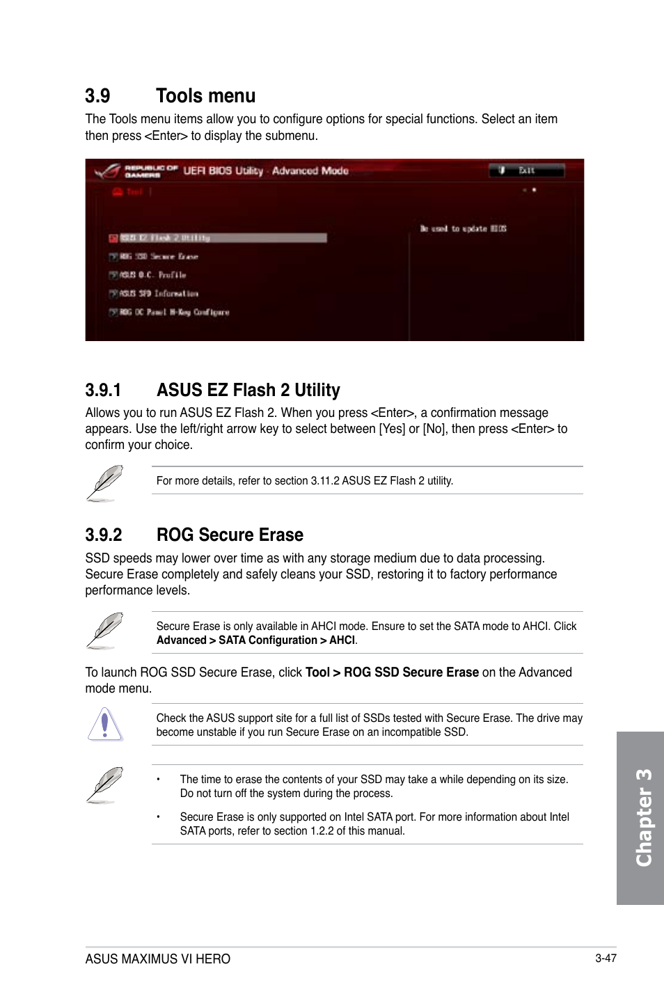 9 tools menu, 1 asus ez flash 2 utility, 2 rog secure erase | Tools menu -47 3.9.1, Asus ez flash 2 utility -47, Rog secure erase -47, Chapter 3 3.9 tools menu | Asus MAXIMUS VI HERO User Manual | Page 125 / 176