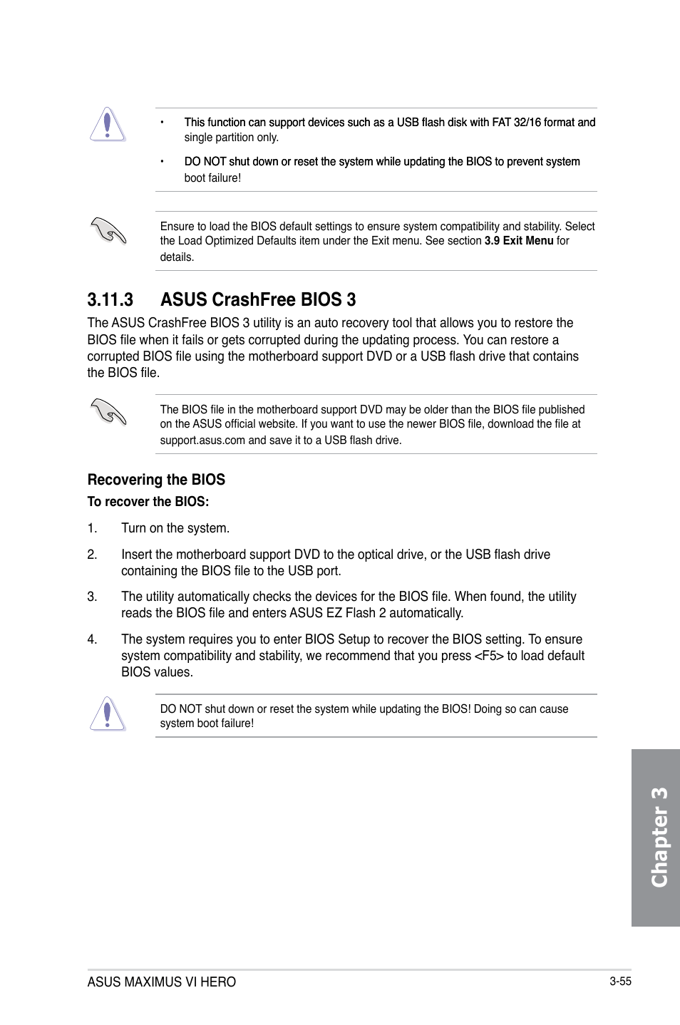 3 asus crashfree bios 3, Asus crashfree bios 3 -55, Chapter 3 | Asus MAXIMUS VI HERO User Manual | Page 133 / 176