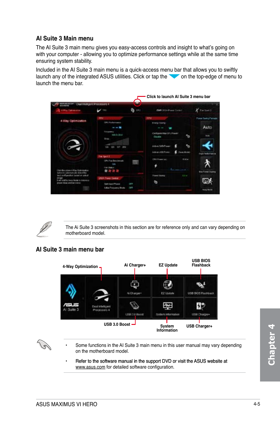 Chapter 4, Ai suite 3 main menu, Ai suite 3 main menu bar | Asus MAXIMUS VI HERO User Manual | Page 141 / 176