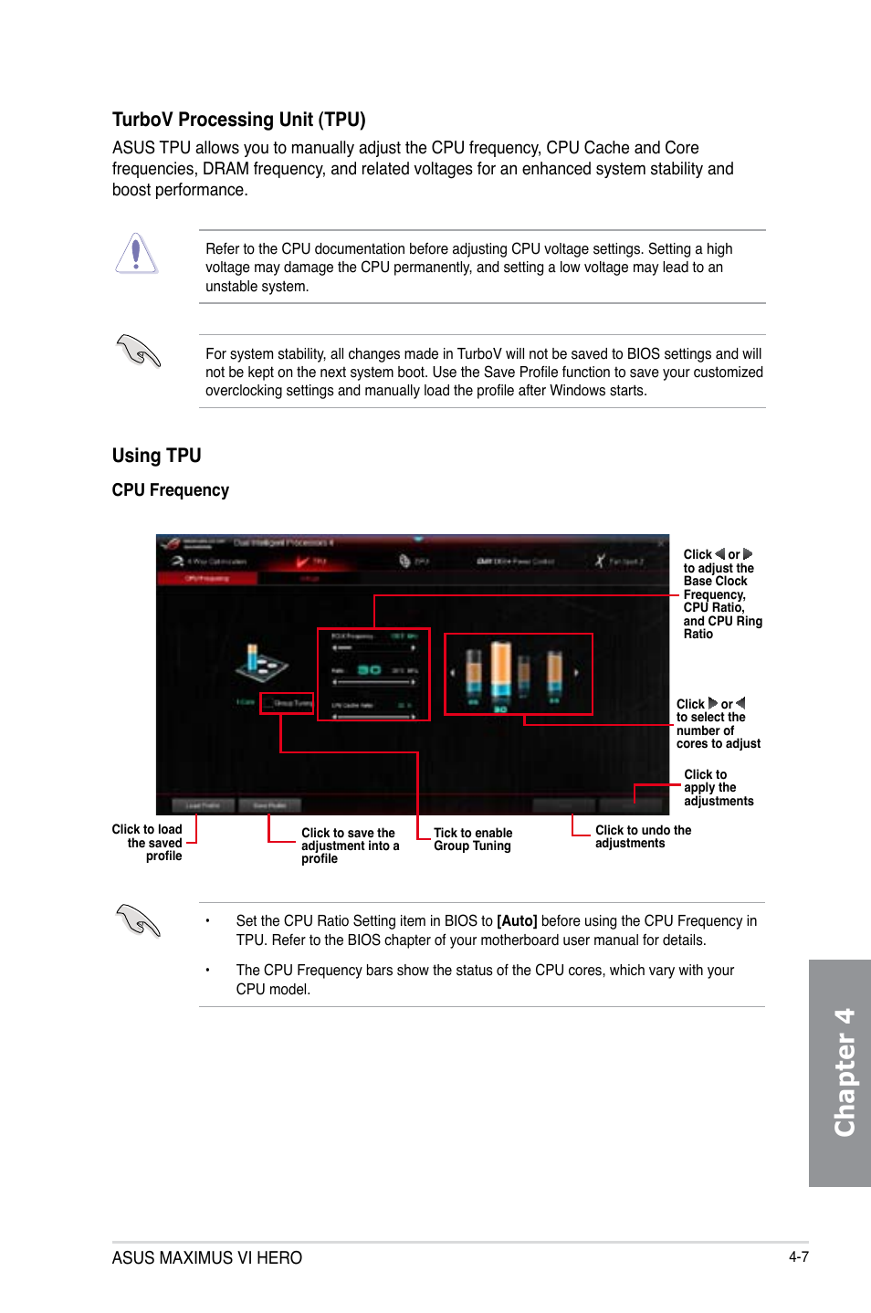 Chapter 4, Using tpu, Turbov processing unit (tpu) | Asus MAXIMUS VI HERO User Manual | Page 143 / 176