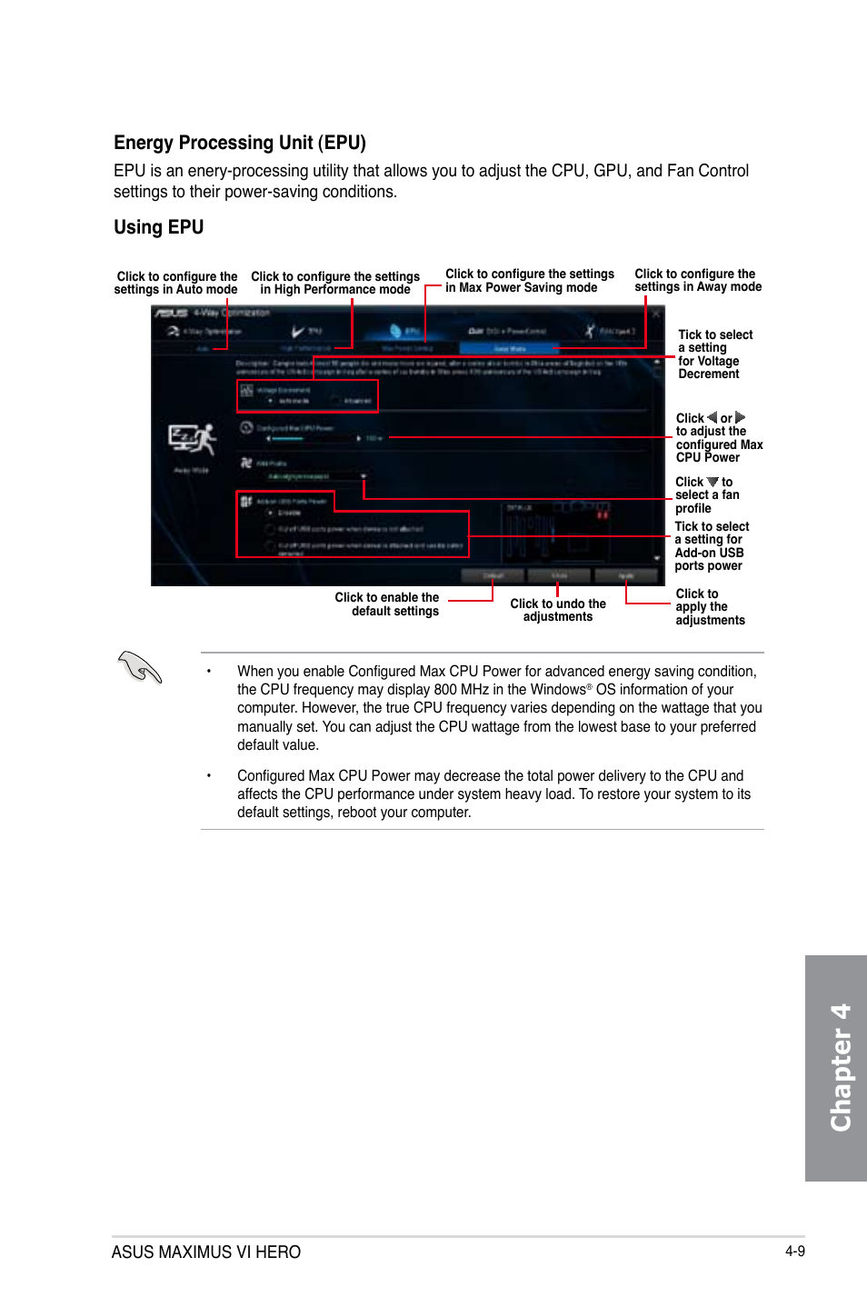 Chapter 4, Energy processing unit (epu), Using epu | Asus maximus vi hero | Asus MAXIMUS VI HERO User Manual | Page 145 / 176