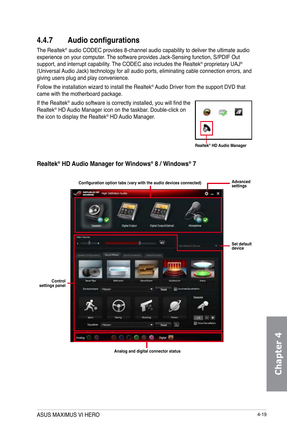 7 usb charger, Usb charger+ -1, Chapter 4 | 7 audio configurations, Realtek, Hd audio manager for windows, 8 / windows | Asus MAXIMUS VI HERO User Manual | Page 155 / 176