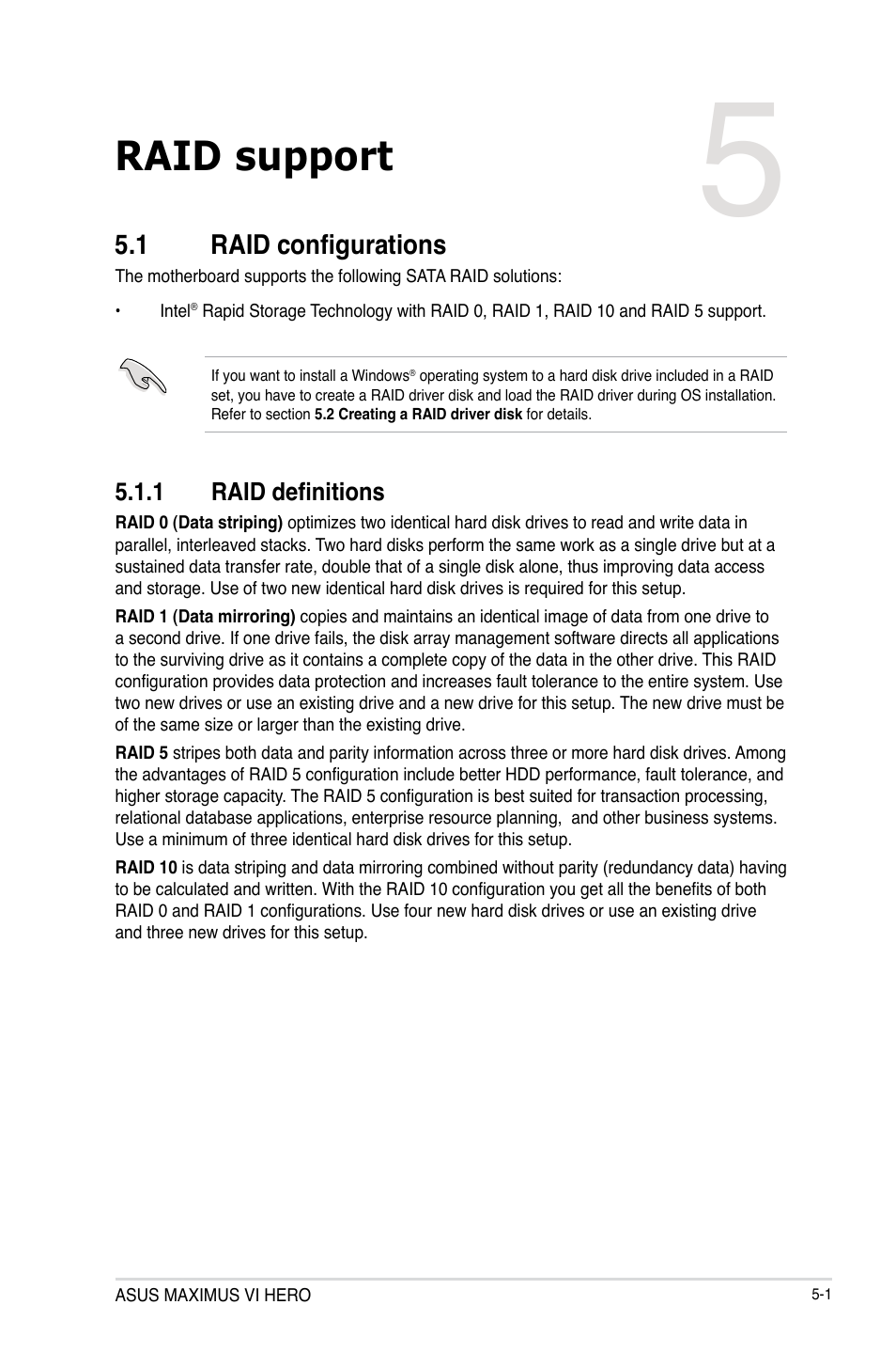 Chapter 5: raid support, 1 raid configurations, 1 raid definitions | Chapter 5, Raid support, Raid configurations -1 5.1.1, Raid definitions -1 | Asus MAXIMUS VI HERO User Manual | Page 161 / 176