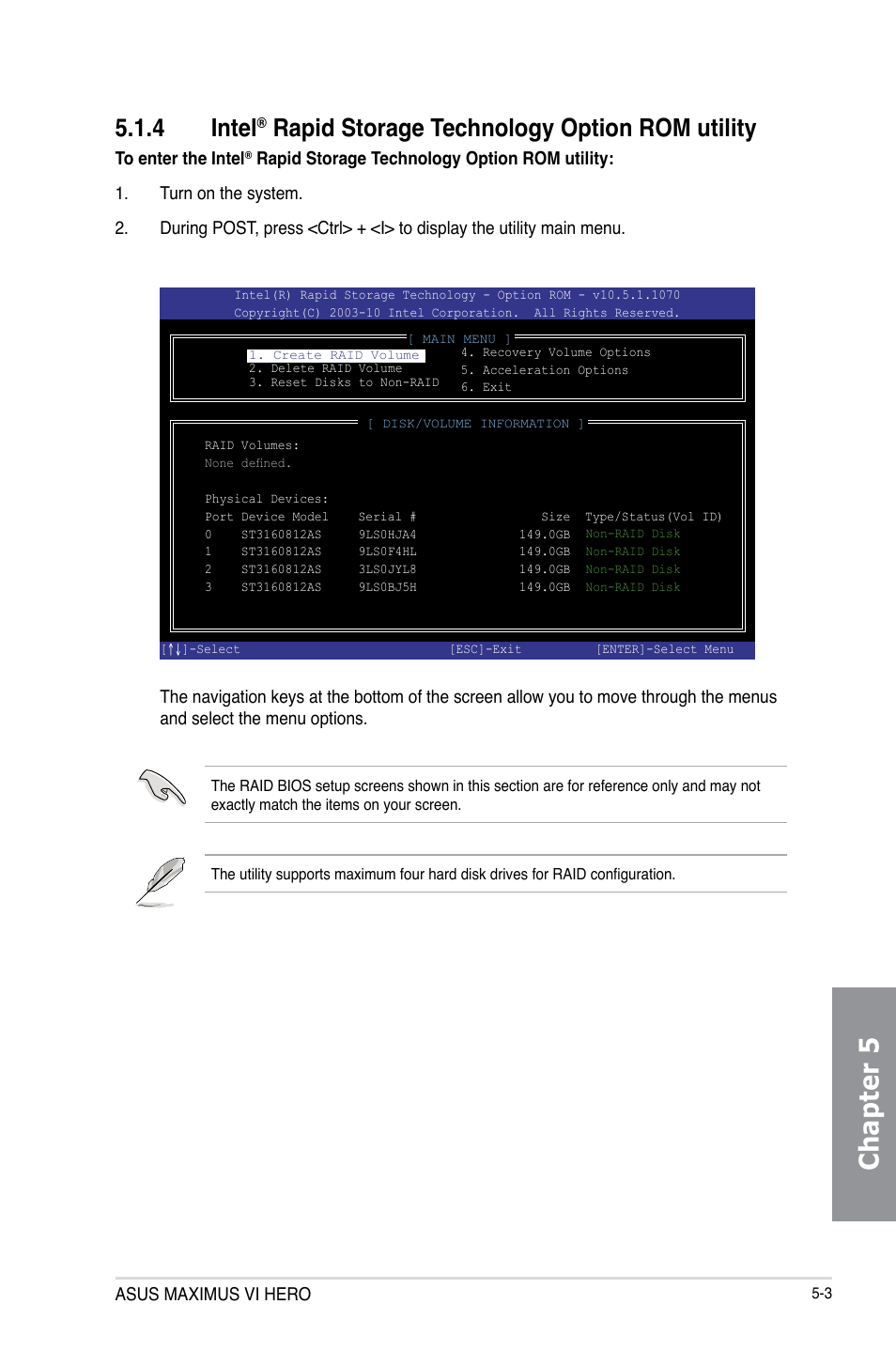 Intel, Rapid storage technology option rom utility -3, Chapter 5 | 4 intel, Rapid storage technology option rom utility | Asus MAXIMUS VI HERO User Manual | Page 163 / 176