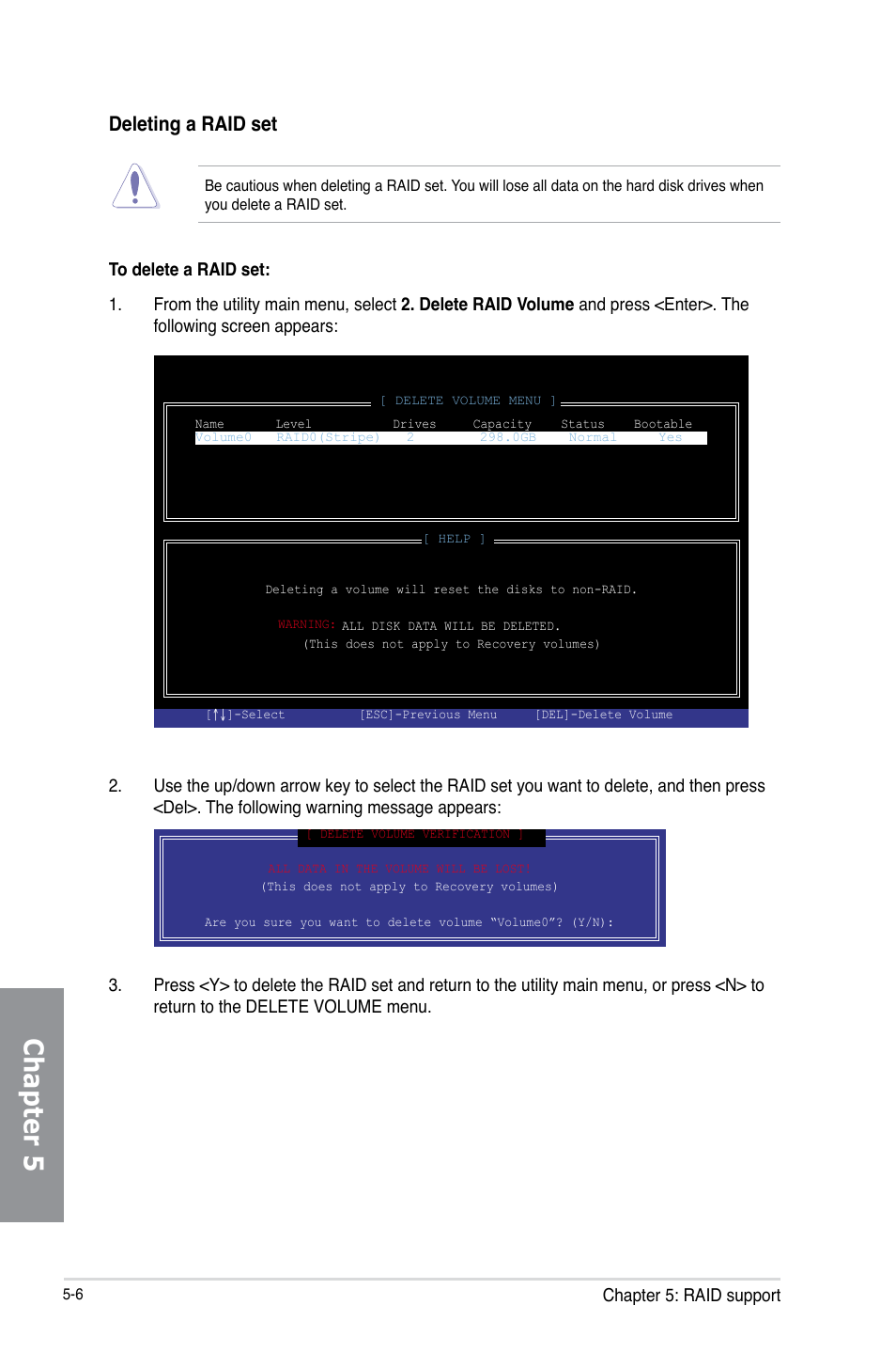 Chapter 5, Deleting a raid set | Asus MAXIMUS VI HERO User Manual | Page 166 / 176