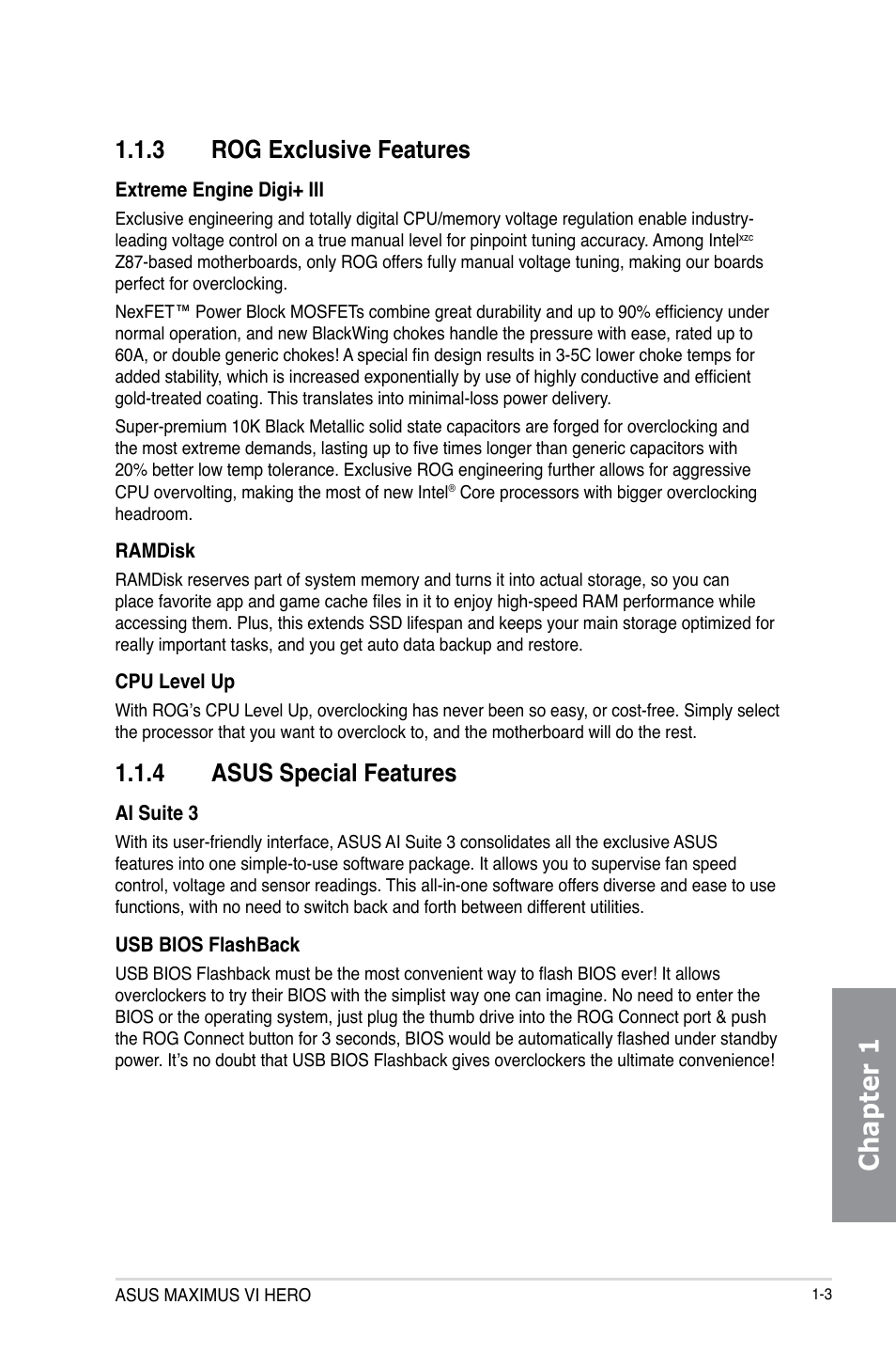 3 rog exclusive features, 4 asus special features, Rog exclusive features -3 | Asus special features -3, Chapter 1 | Asus MAXIMUS VI HERO User Manual | Page 17 / 176