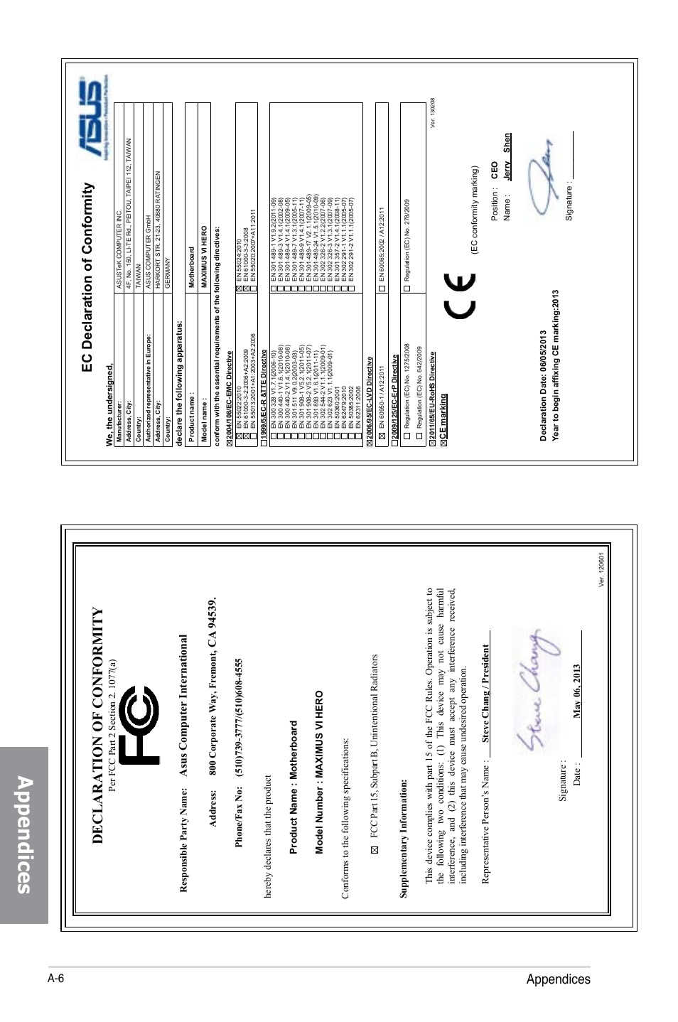 Declaration of conformity, Appendices, Ec declaration of conformity | Asu s c om pu te r in te rn at io na l | Asus MAXIMUS VI HERO User Manual | Page 176 / 176