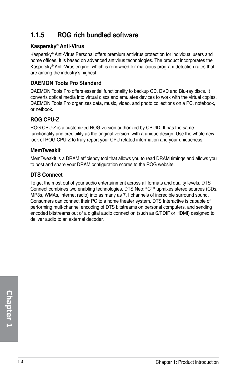 5 rog rich bundled software, Rog rich bundled software -4, Chapter 1 | Asus MAXIMUS VI HERO User Manual | Page 18 / 176