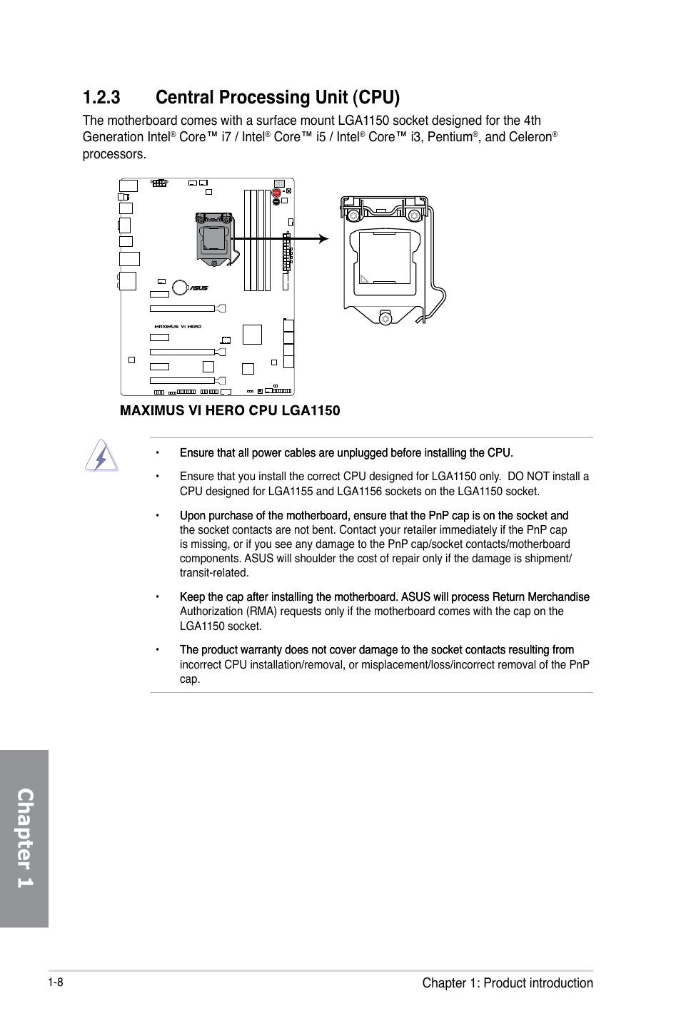 3 central processing unit (cpu), Central processing unit (cpu) -8, Chapter 1 | Asus MAXIMUS VI HERO User Manual | Page 22 / 176