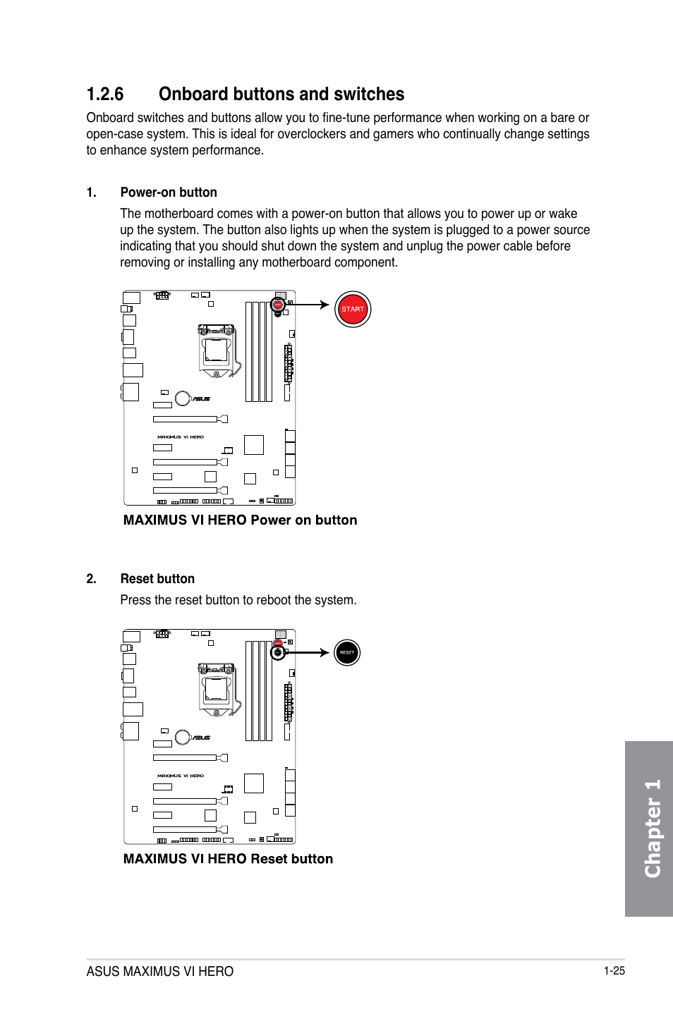 6 onboard buttons and switches, Onboard buttons and switches -25, Chapter 1 | Asus MAXIMUS VI HERO User Manual | Page 39 / 176