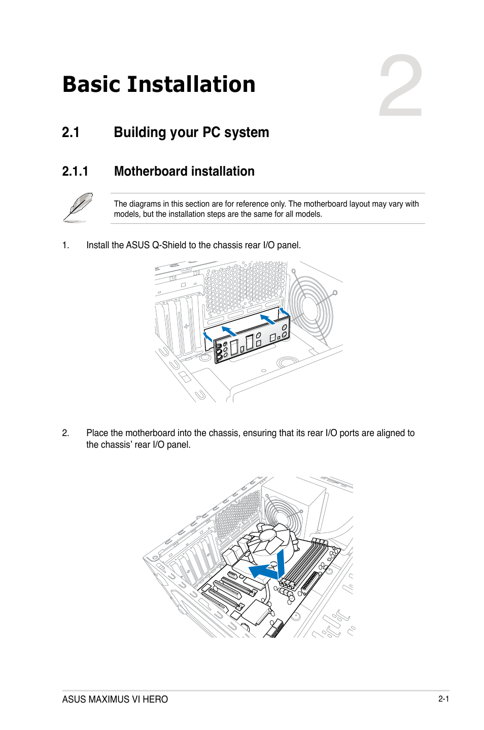 Chapter 2: basic installation, 1 building your pc system, 1 motherboard installation | Chapter 2, Basic installation, Building your pc system -1 2.1.1, Motherboard installation -1 | Asus MAXIMUS VI HERO User Manual | Page 61 / 176