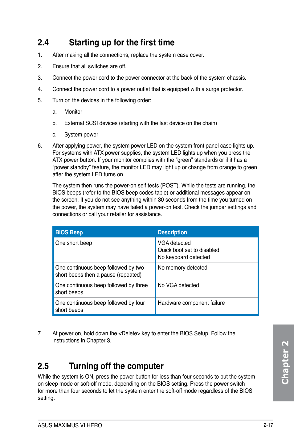 4 starting up for the first time, 5 turning off the computer, Starting up for the first time -17 | Turning off the computer -17, Chapter 2 2.4 starting up for the first time | Asus MAXIMUS VI HERO User Manual | Page 77 / 176