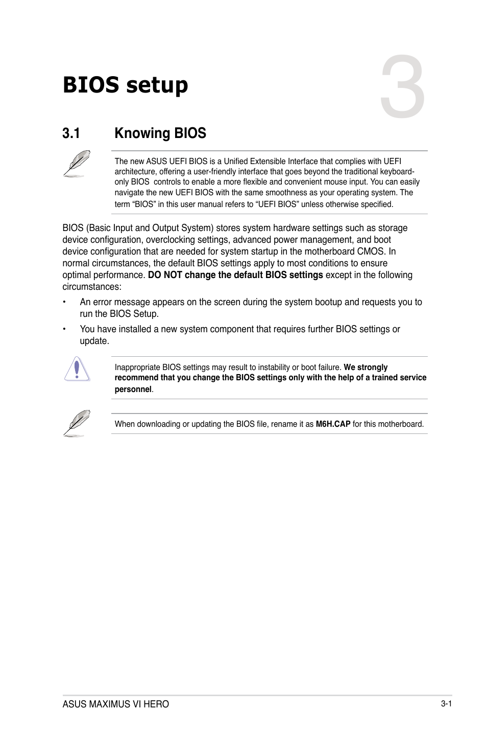 Chapter 3: bios setup, 1 knowing bios, Chapter 3 | Bios setup, Knowing bios -1 | Asus MAXIMUS VI HERO User Manual | Page 79 / 176