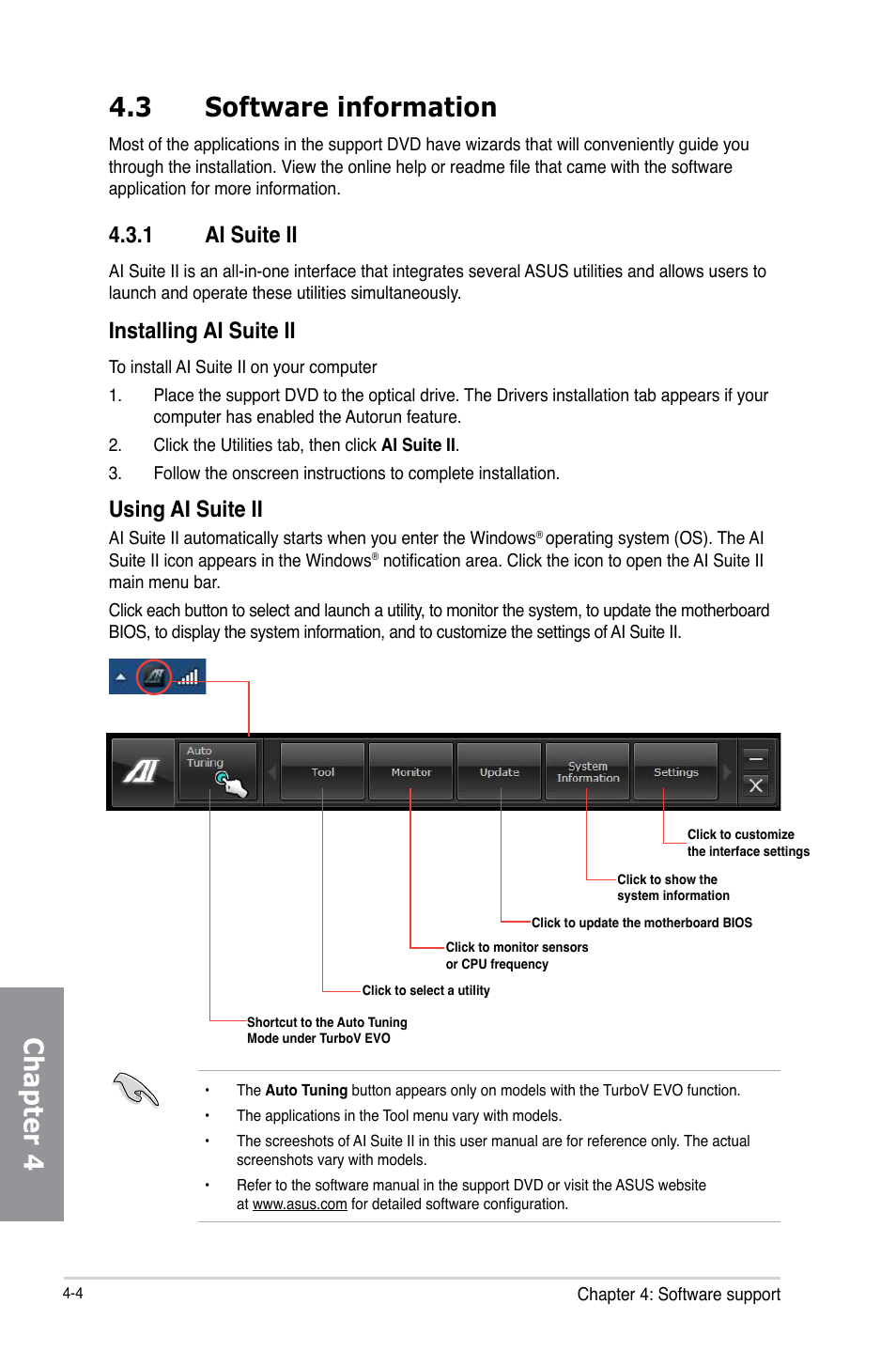 3 software information, 1 ai suite ii, Software information -4 | Ai suite ii -4, Chapter 4 4.3 software information, Installing ai suite ii, Using ai suite ii | Asus P8B75-V User Manual | Page 100 / 132