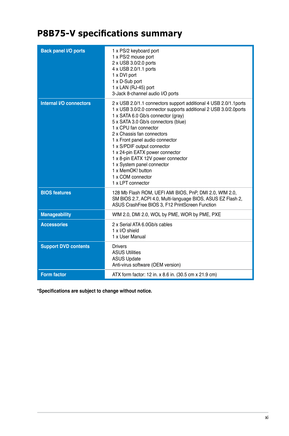 P8b75-v specifications summary | Asus P8B75-V User Manual | Page 11 / 132