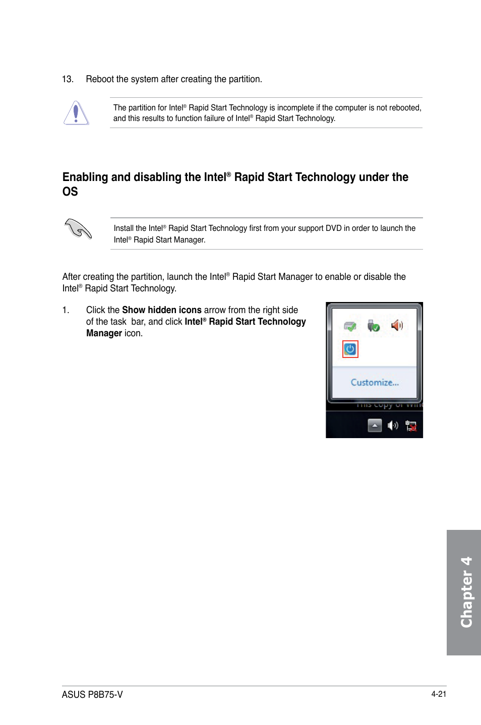 Chapter 4, Enabling and disabling the intel, Rapid start technology under the os | Asus P8B75-V User Manual | Page 117 / 132