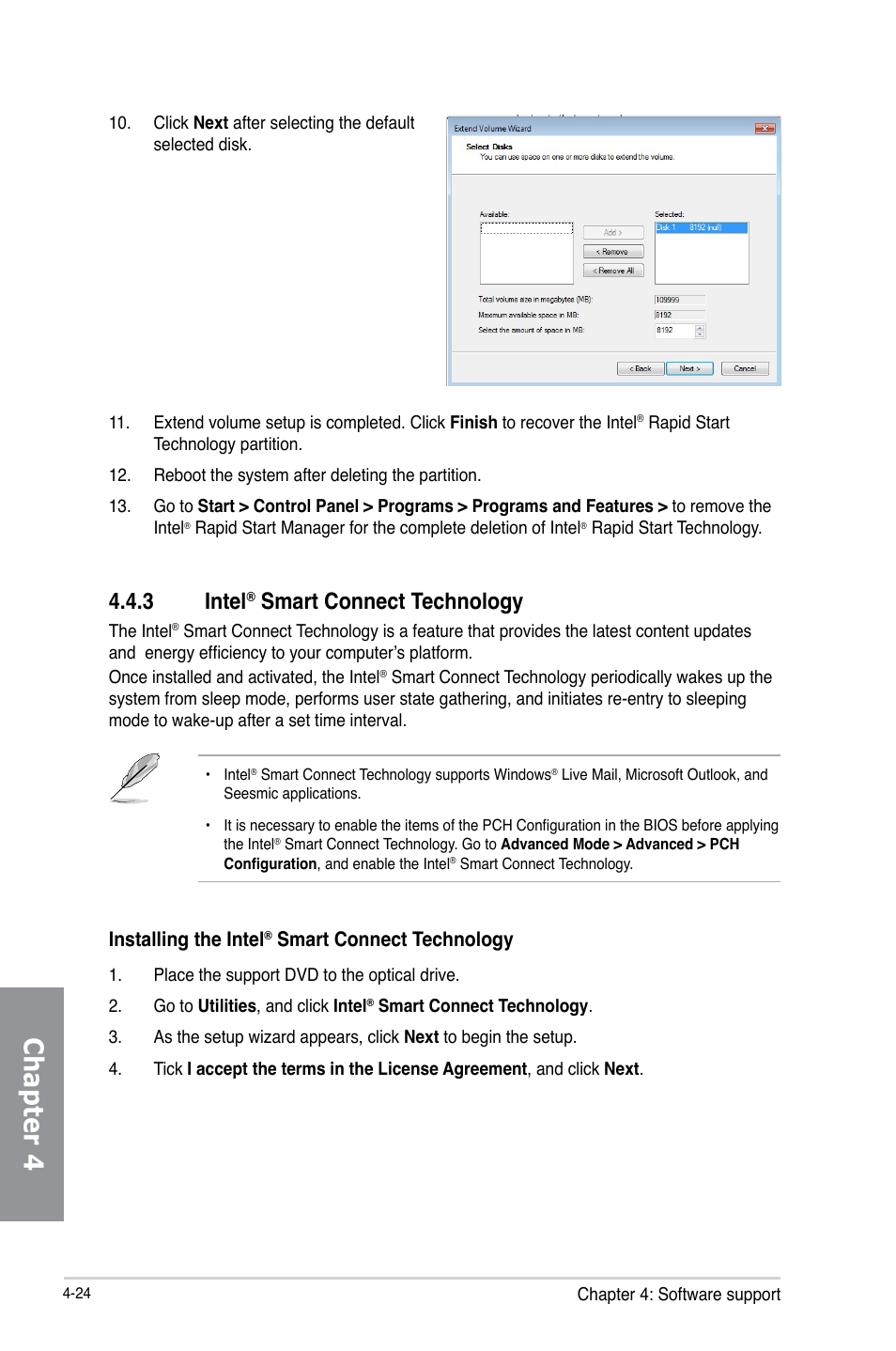 Chapter 4, 3 intel, Smart connect technology | Installing the intel | Asus P8B75-V User Manual | Page 120 / 132