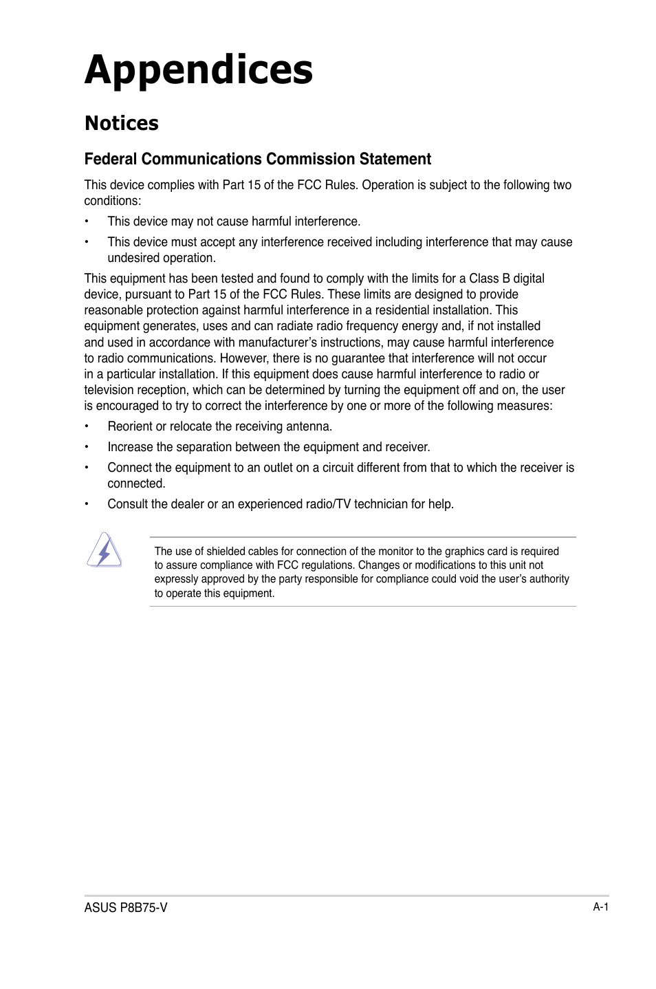 Appendices, Notices, Federal communications commission statement | Asus P8B75-V User Manual | Page 127 / 132