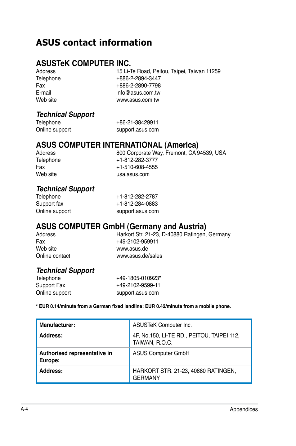 Asus contact information, Asustek computer inc, Asus computer international (america) | Asus computer gmbh (germany and austria), Technical support | Asus P8B75-V User Manual | Page 130 / 132